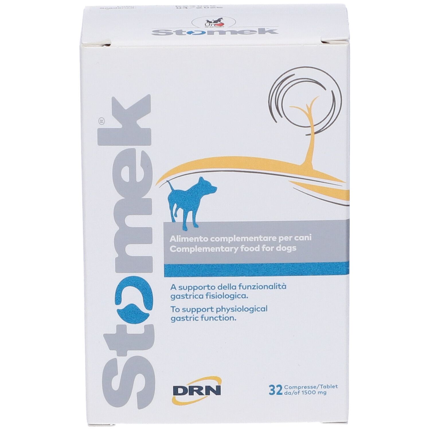 Scatola di Stomek 32 compresse per cani. Scritto: Alimento complementare per cani. Logo DRN.