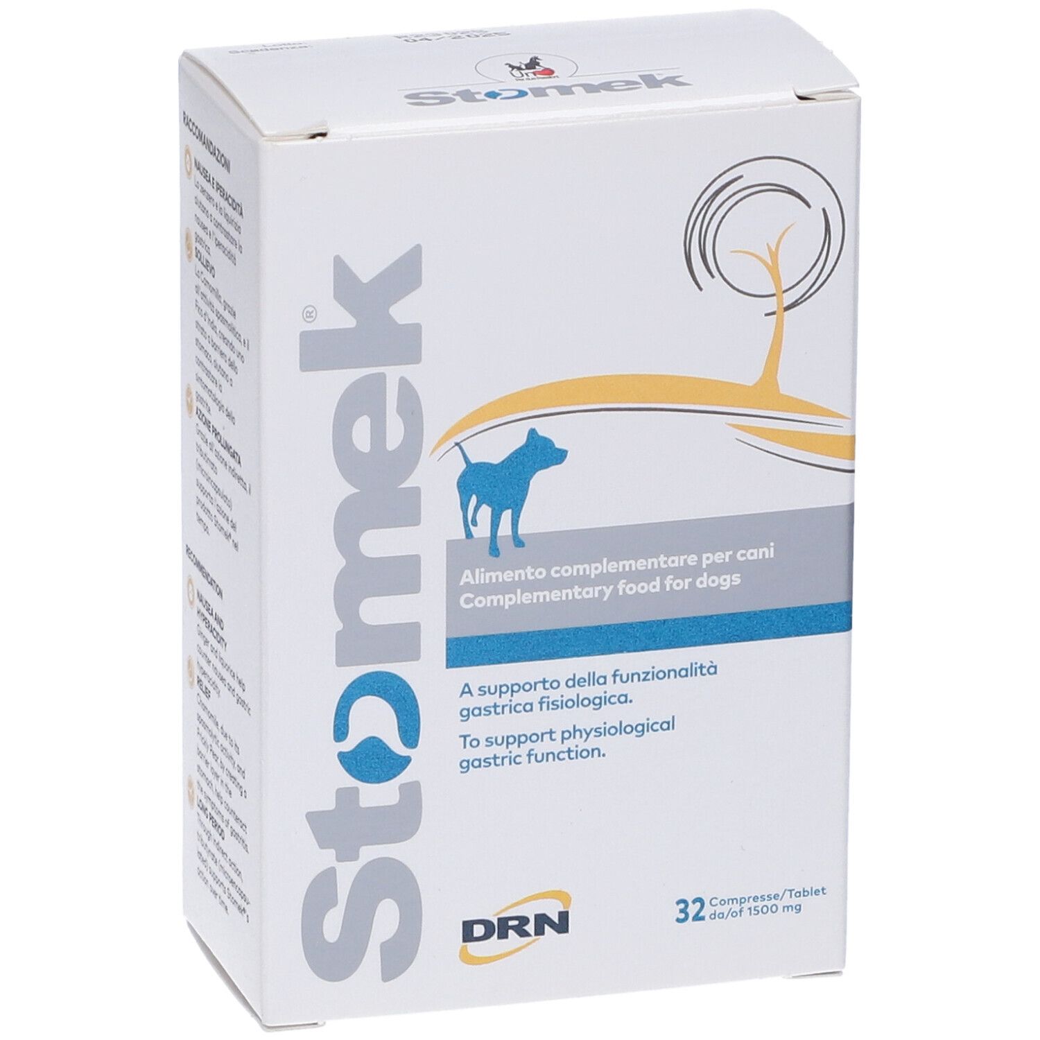 Scatola di Stomek 32 compresse per cani. Scritto: Alimento complementare per cani. Logo DRN.
