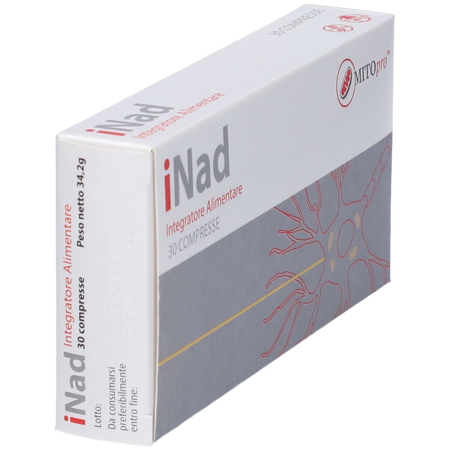 Verpackung für iNad, ein Nahrungsergänzungsmittel mit 30 Kapseln.