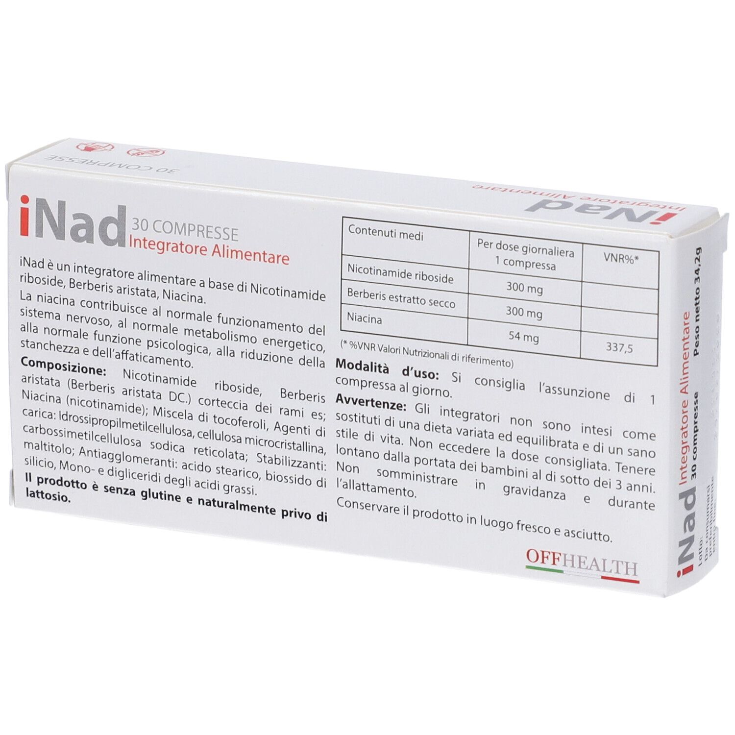 Verpackung von iNad Nahrungsergänzungsmittel, 30 Tabletten.