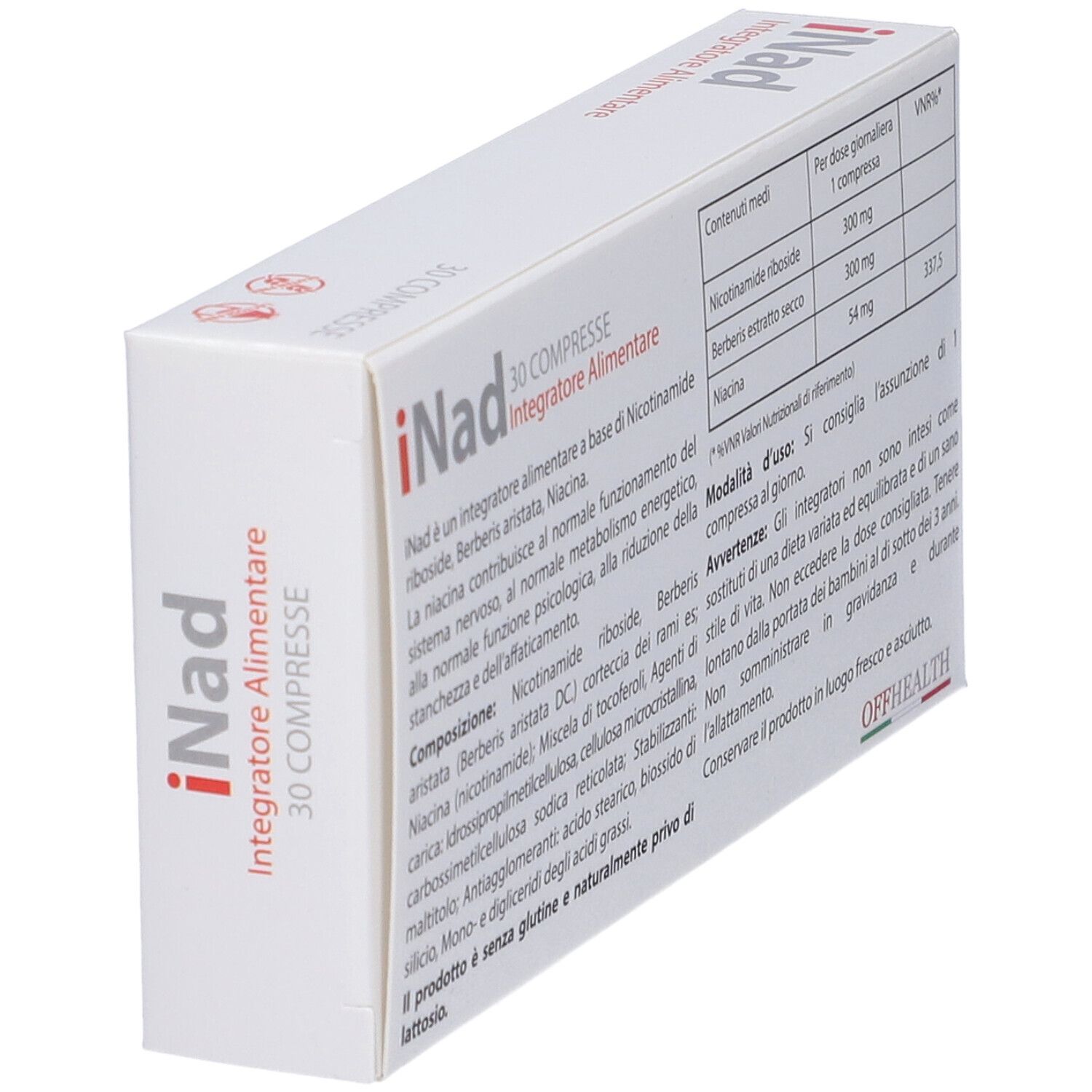 Verpackung für iNad, ein Nahrungsergänzungsmittel mit 30 Kapseln.