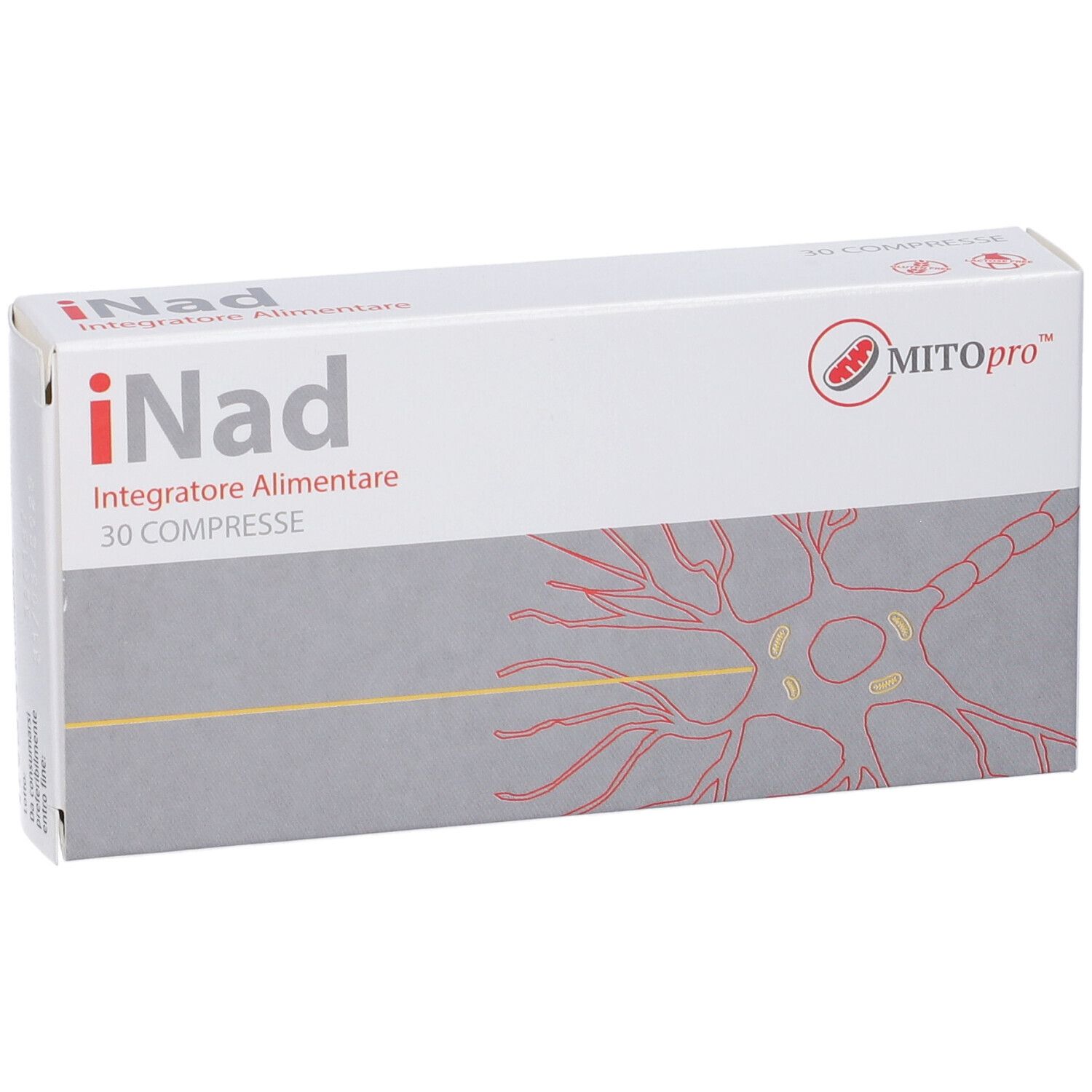 Verpackung von iNad Nahrungsergänzungsmittel, 30 Tabletten, mit schematischer Darstellung eines Nervensystems.