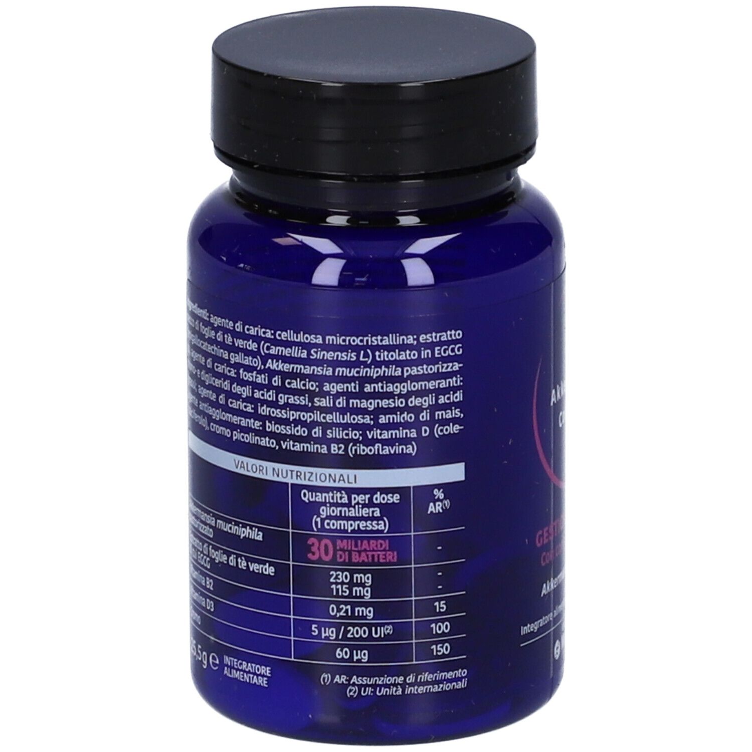 Retro del flacone blu. Contiene informazioni sugli ingredienti e i valori nutrizionali. Testo in italiano.