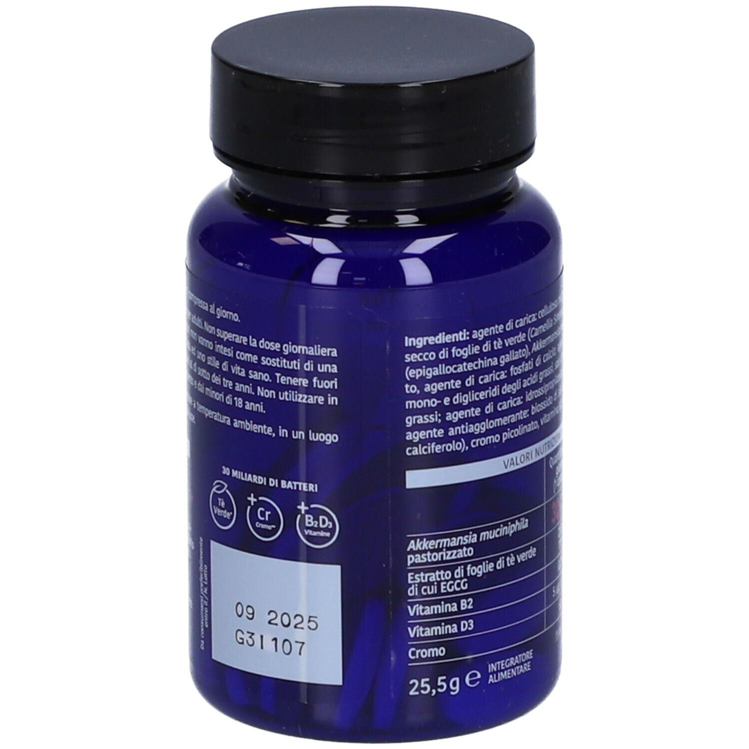 Retro del flacone blu. Contiene informazioni sugli ingredienti e la data di scadenza. Testo in italiano.