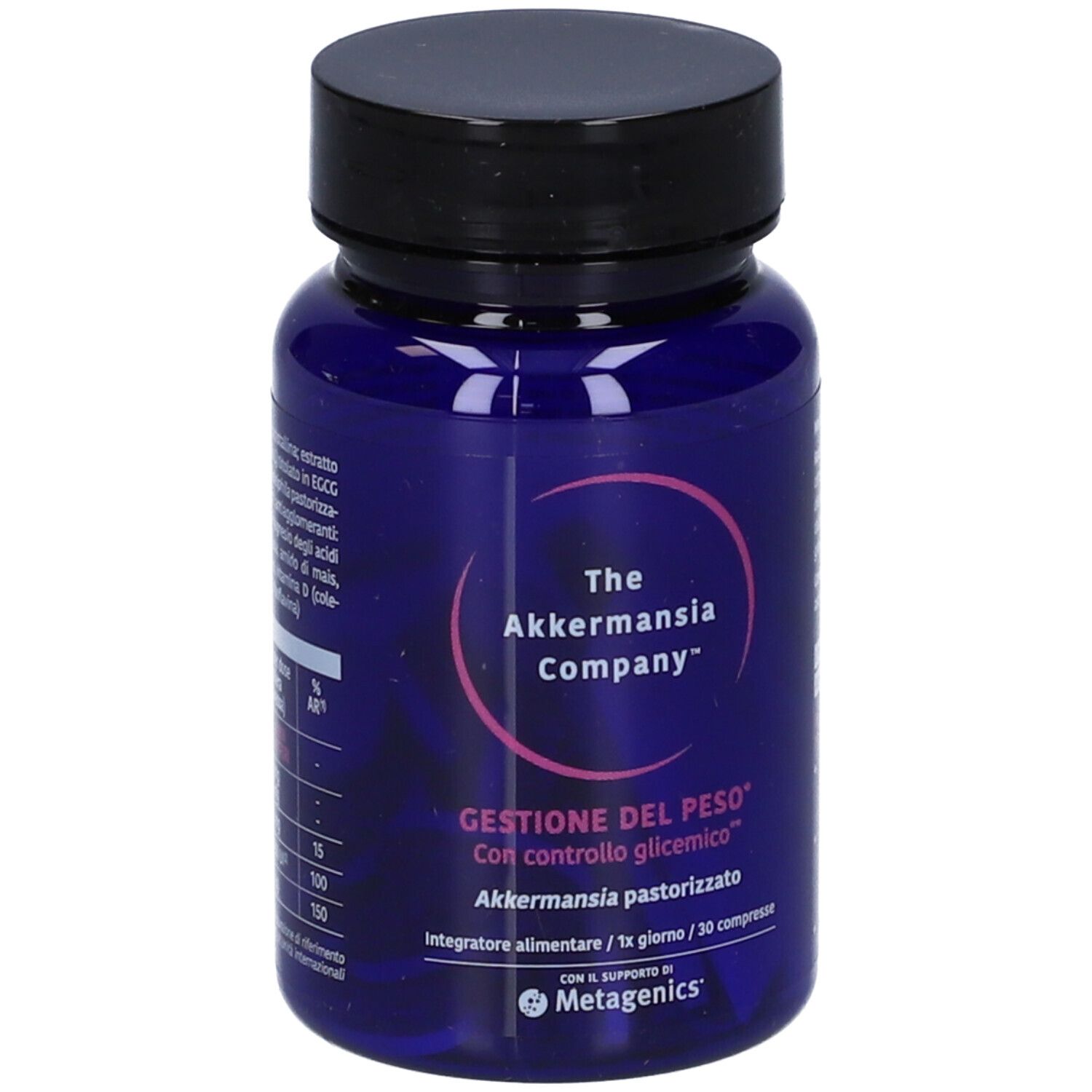 Flacone blu con tappo nero. Scritta: The Akkermansia Company, Gestione del Peso, Metagenics.