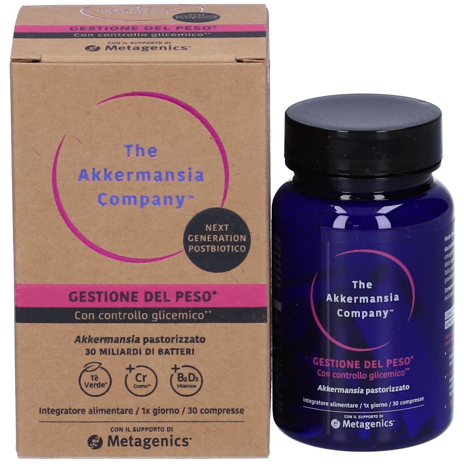 Flacone e confezione del prodotto affiancati. Scritta: The Akkermansia Company, Gestione del Peso, Metagenics.