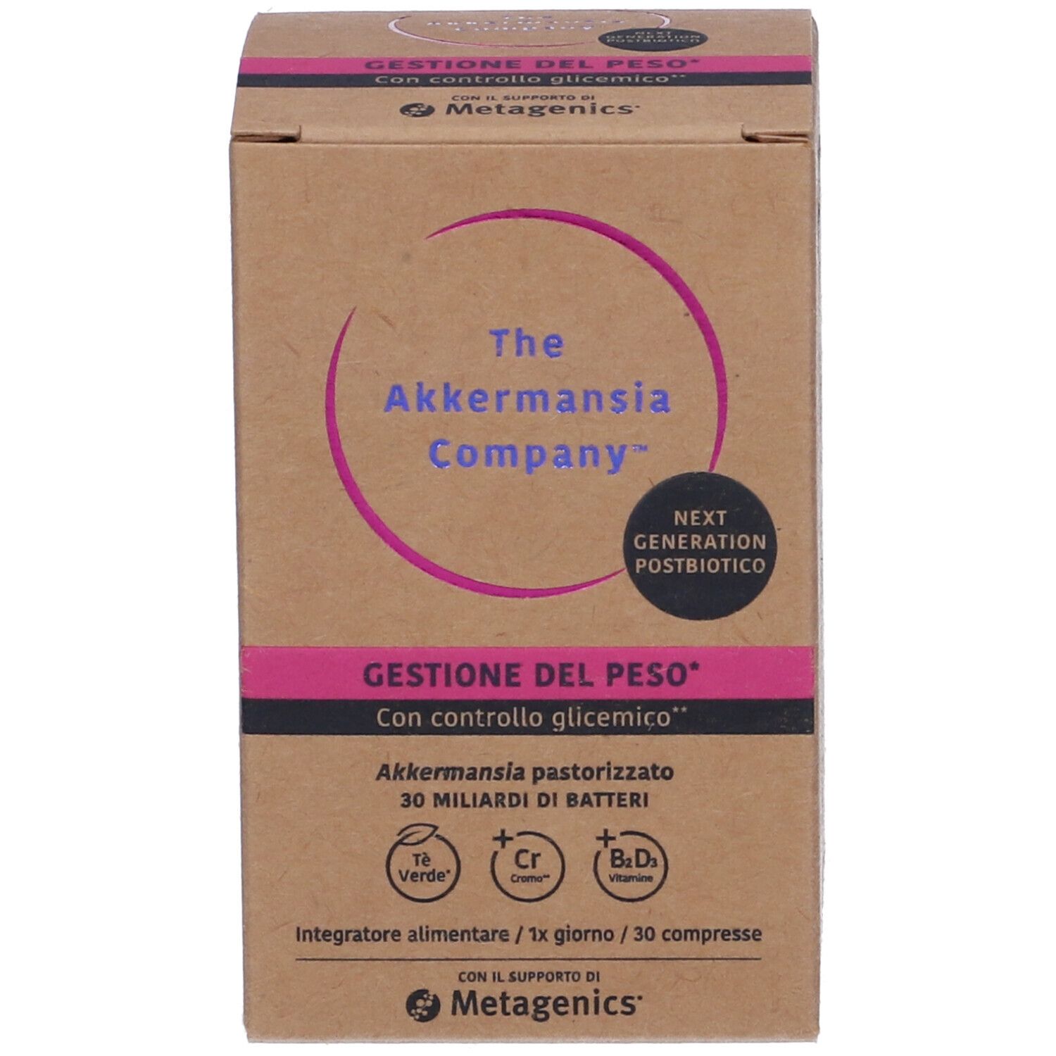 Confezione del prodotto. Scritta: The Akkermansia Company, Gestione del Peso, Metagenics.