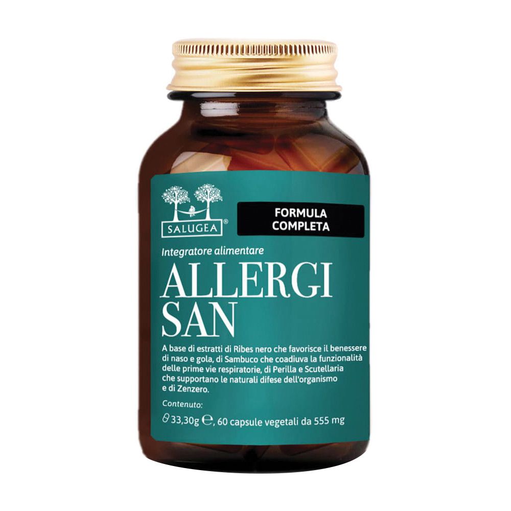 Flacone di vetro marrone con tappo dorato. Scritta: Allergisan. 60 capsule.
