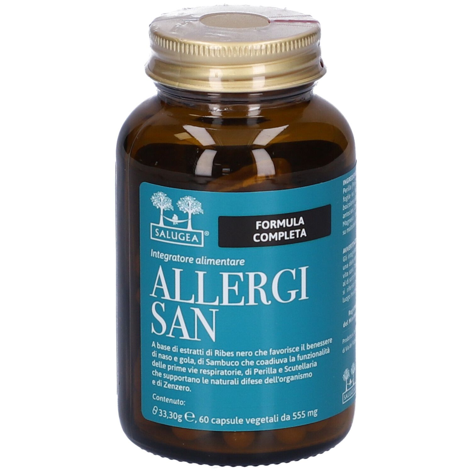Flacone di vetro marrone con tappo dorato. Scritta: Allergisan. 60 capsule.