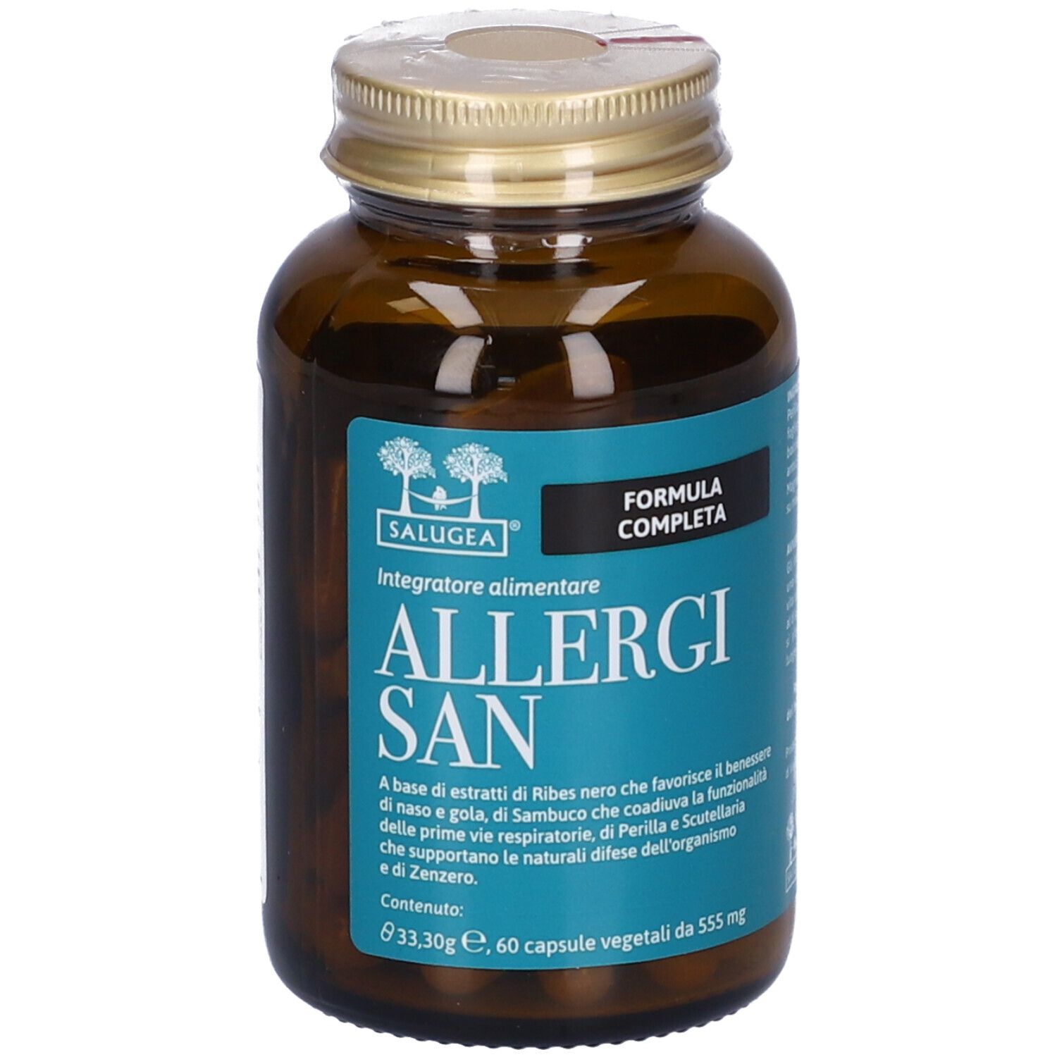 Flacone di vetro marrone con tappo dorato. Scritta: Allergisan. 60 capsule.
