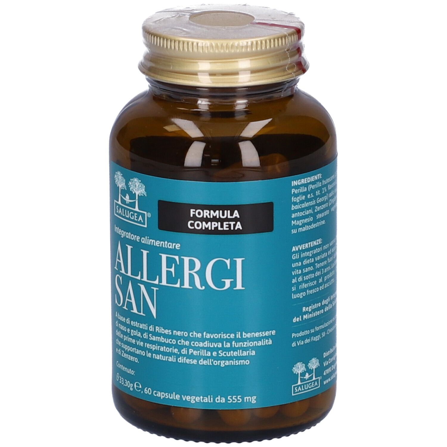 Retro del flacone. Allergisan. Ingredienti, avvertenze.