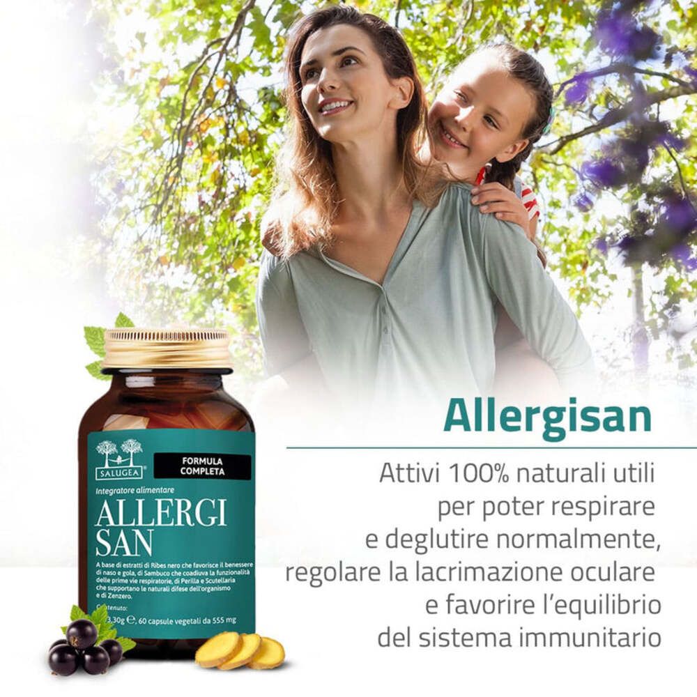 Donna e bambina sorridono. Flacone Allergisan. Testo: Ingredienti attivi 100% naturali.