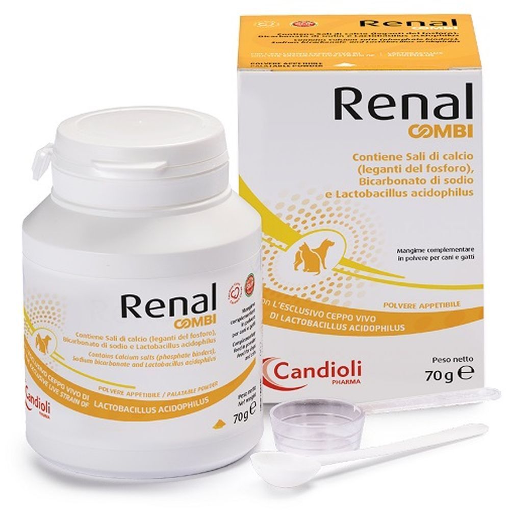 Barattolo e scatola bianchi Renal Combi. Contiene sali, bicarbonato di sodio e Lactobacillus acidophilus. 70g. Misurino.