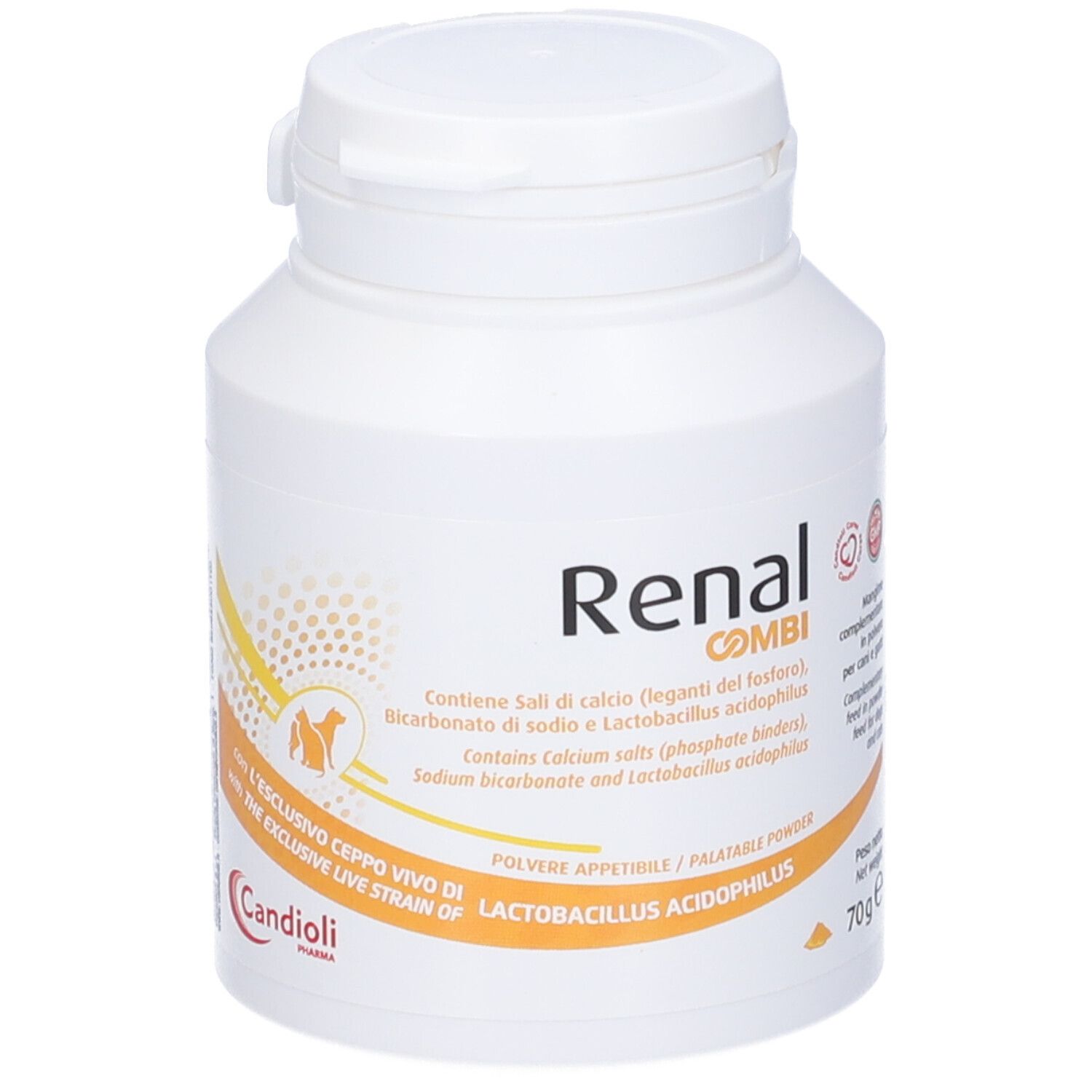 Barattolo bianco Renal Combi con coperchio. Contiene sali, bicarbonato di sodio e Lactobacillus acidophilus. 70g.