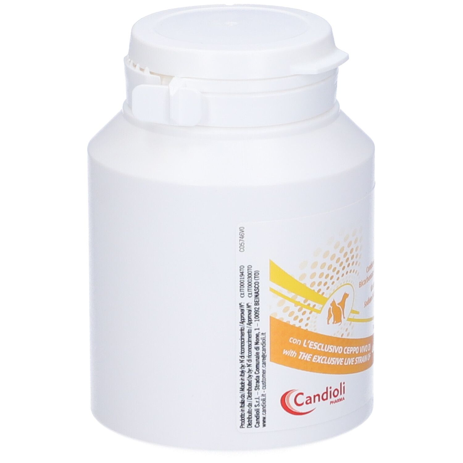 Barattolo bianco Renal Combi con coperchio. Retro con testo e logo. Contiene sali, bicarbonato di sodio e Lactobacillus acidophilus.