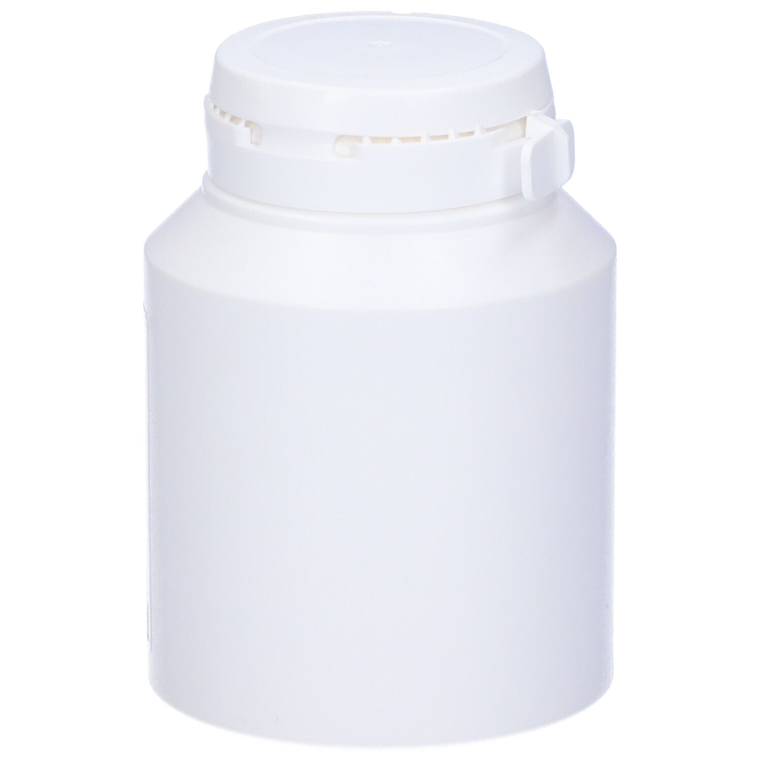 Barattolo bianco con coperchio. Nome del prodotto non visibile. Adesivo con testo. Sfondo bianco.