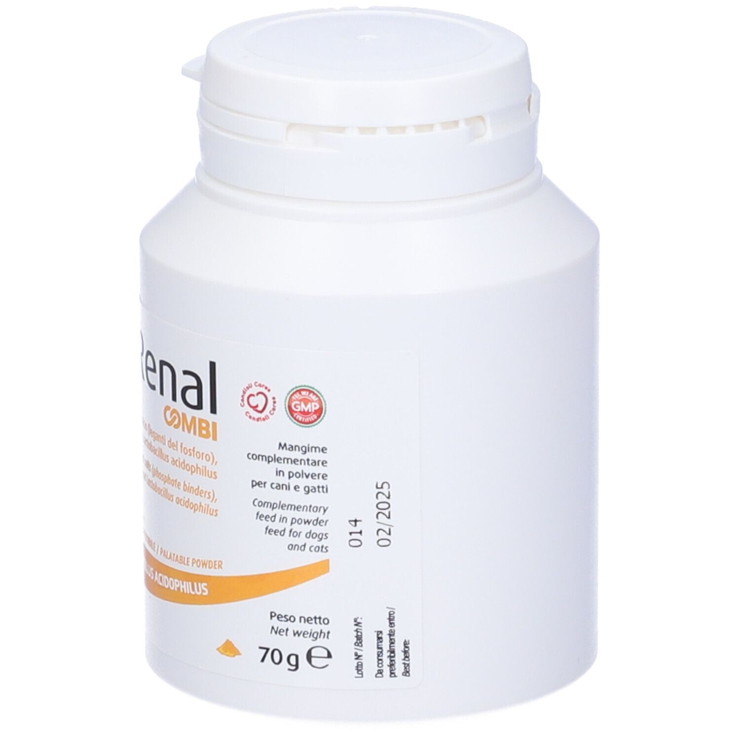 Barattolo bianco Renal Combi con coperchio. Contiene sali, bicarbonato di sodio e Lactobacillus acidophilus. 70g. Sigillo GMP.