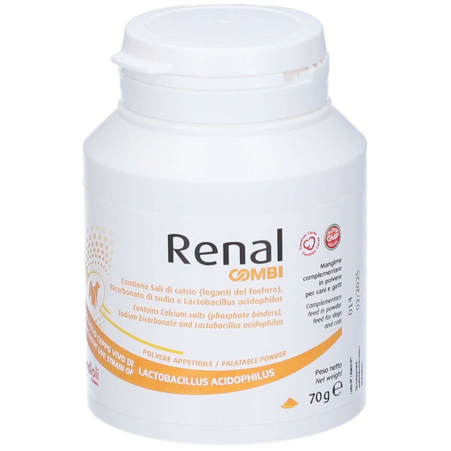 Barattolo bianco Renal Combi con coperchio. Contiene sali, bicarbonato di sodio e Lactobacillus acidophilus. 70g. Sigillo GMP.