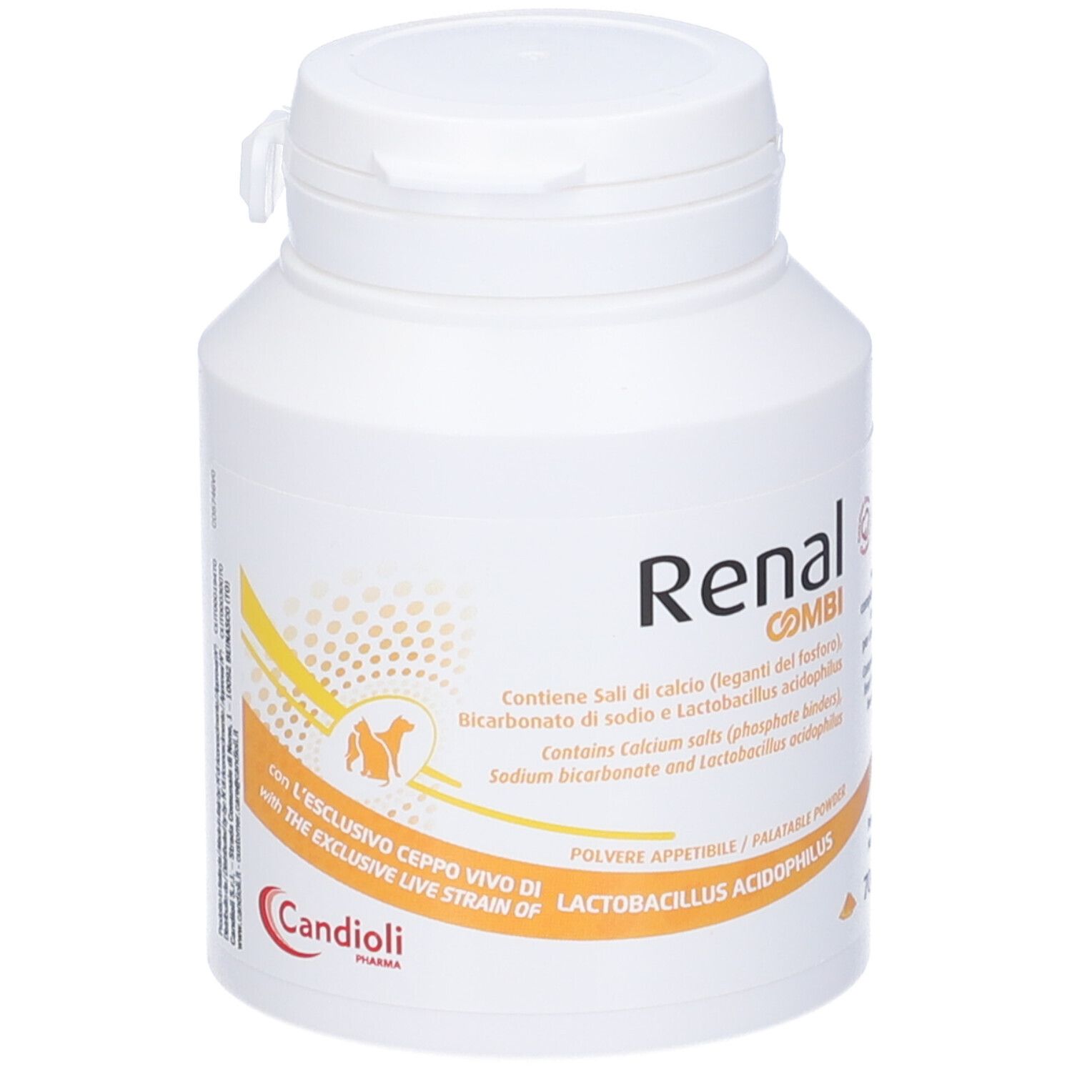 Barattolo bianco Renal Combi con coperchio. Contiene sali, bicarbonato di sodio e Lactobacillus acidophilus. 70g.