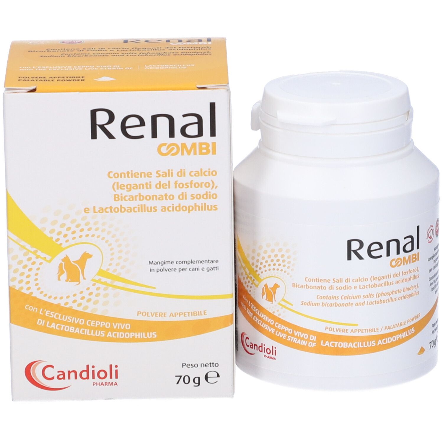 Scatola e barattolo Renal Combi. Contiene sali, bicarbonato di sodio e Lactobacillus acidophilus. 70g. Con logo.