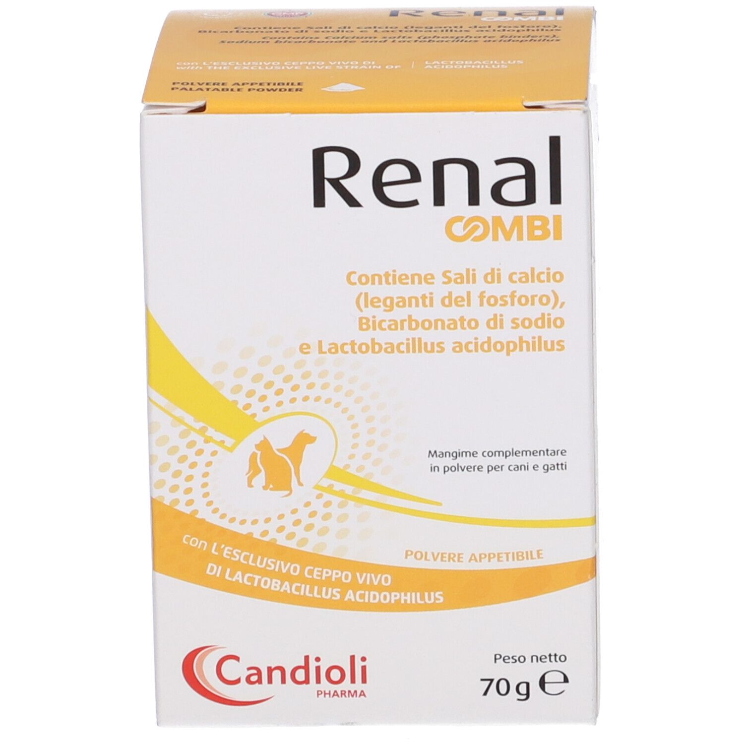Scatola Renal Combi. Contiene sali, bicarbonato di sodio e Lactobacillus acidophilus. 70g. Con logo.