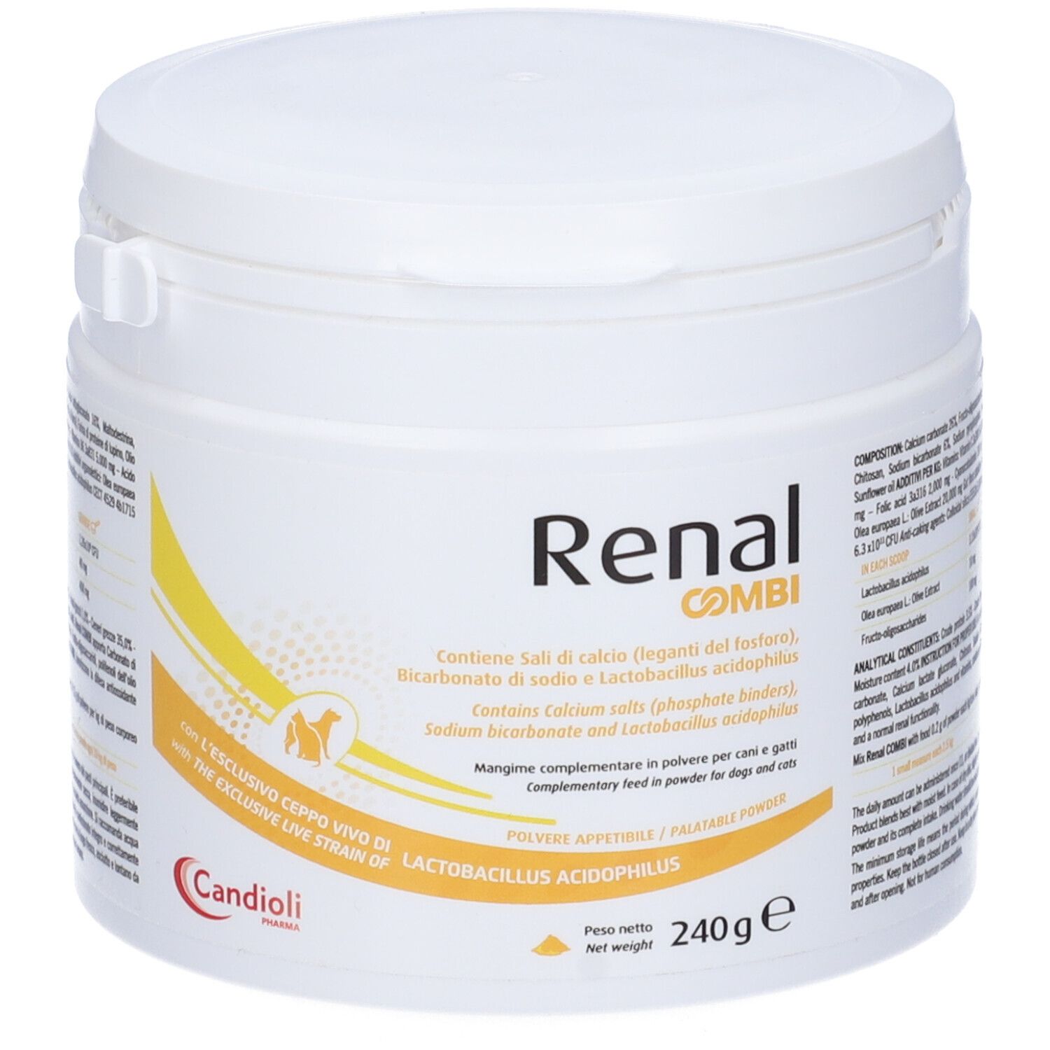 Barattolo bianco Renal Combi con coperchio. Scritta: Renal Combi, 240g. Contiene calcio, sodio, Lactobacillus. Per cani.