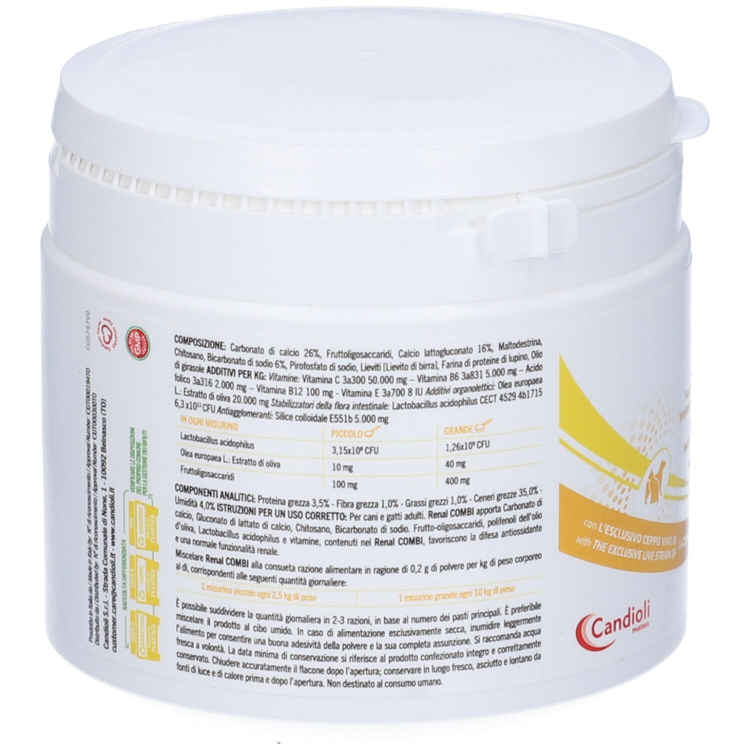 Retro del barattolo bianco Renal Combi. Informazioni sugli ingredienti e l'analisi. Logo del produttore e numero di lotto.