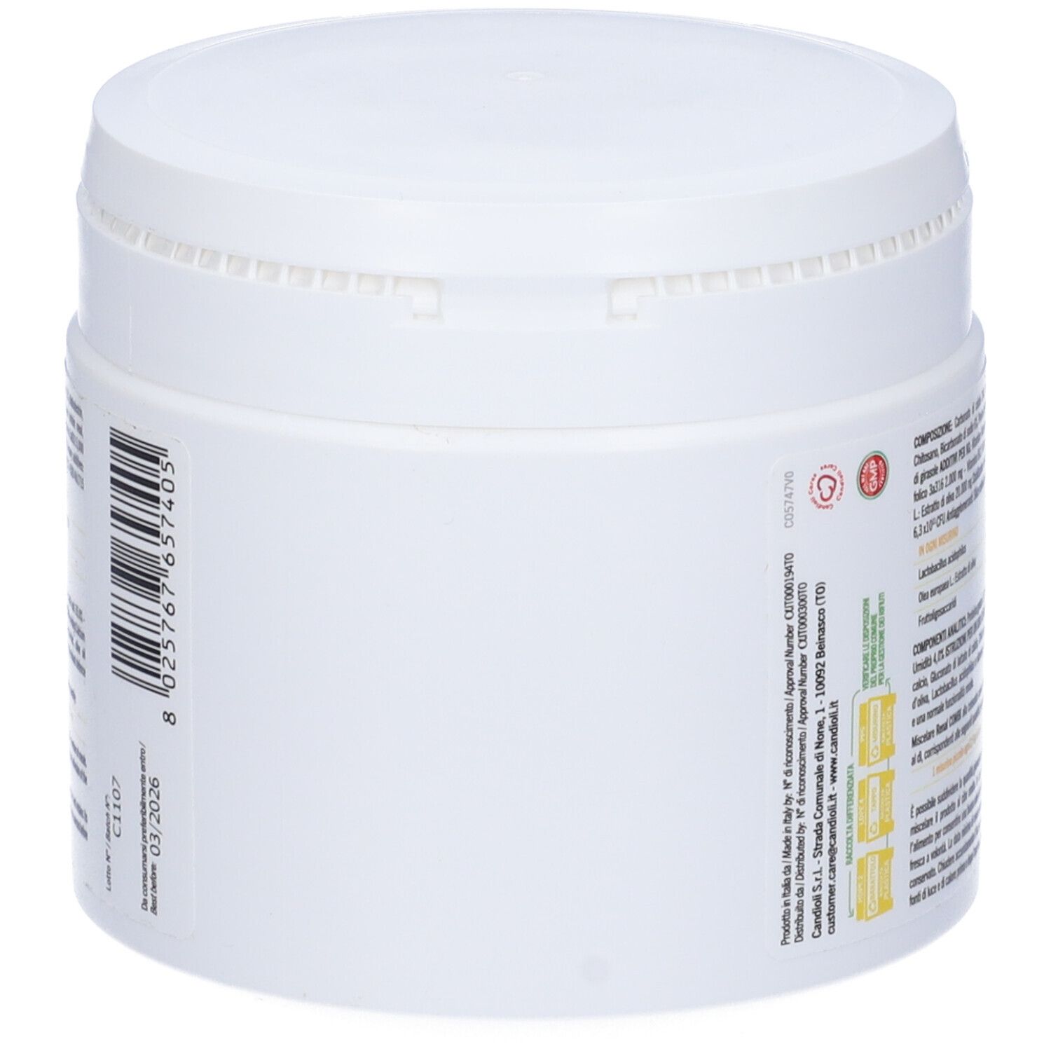 Retro del barattolo bianco Renal Combi. Informazioni sugli ingredienti e l'analisi. Logo del produttore e numero di lotto.