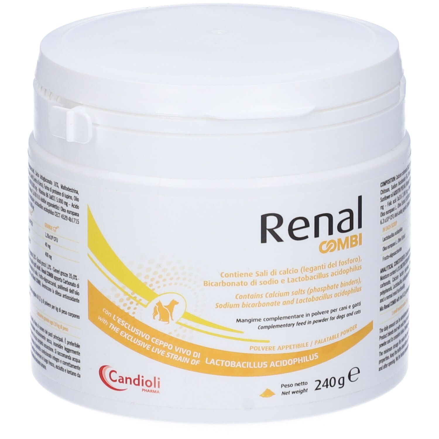 Barattolo bianco Renal Combi con coperchio. Scritta: Renal Combi, 240g. Contiene calcio, sodio, Lactobacillus. Per cani.