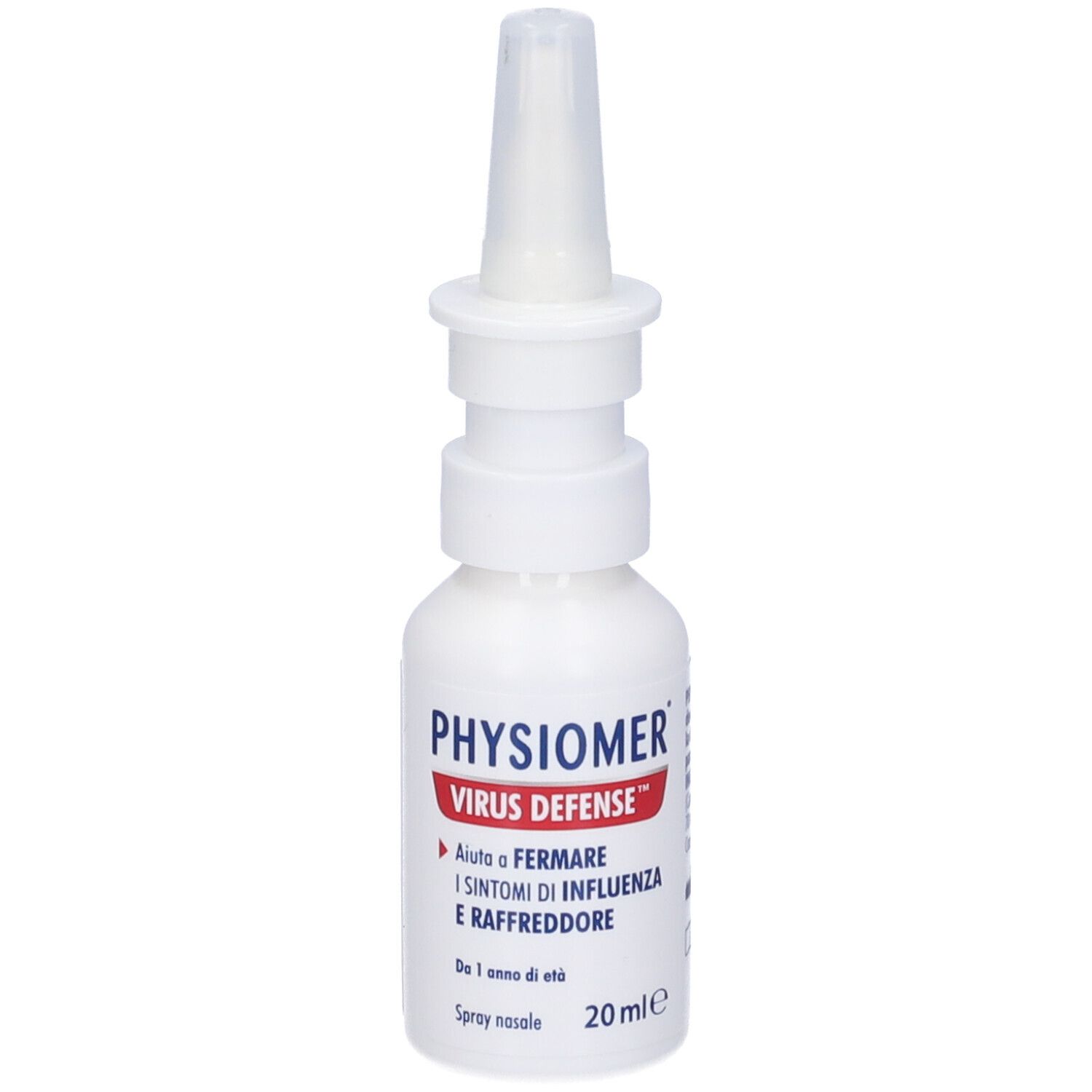 Flacone bianco con applicatore spray nasale. Scritta: PHYSIOMER VIRUS DEFENSE. Aiuta a fermare i sintomi di influenza e raffreddore. 20 ml.