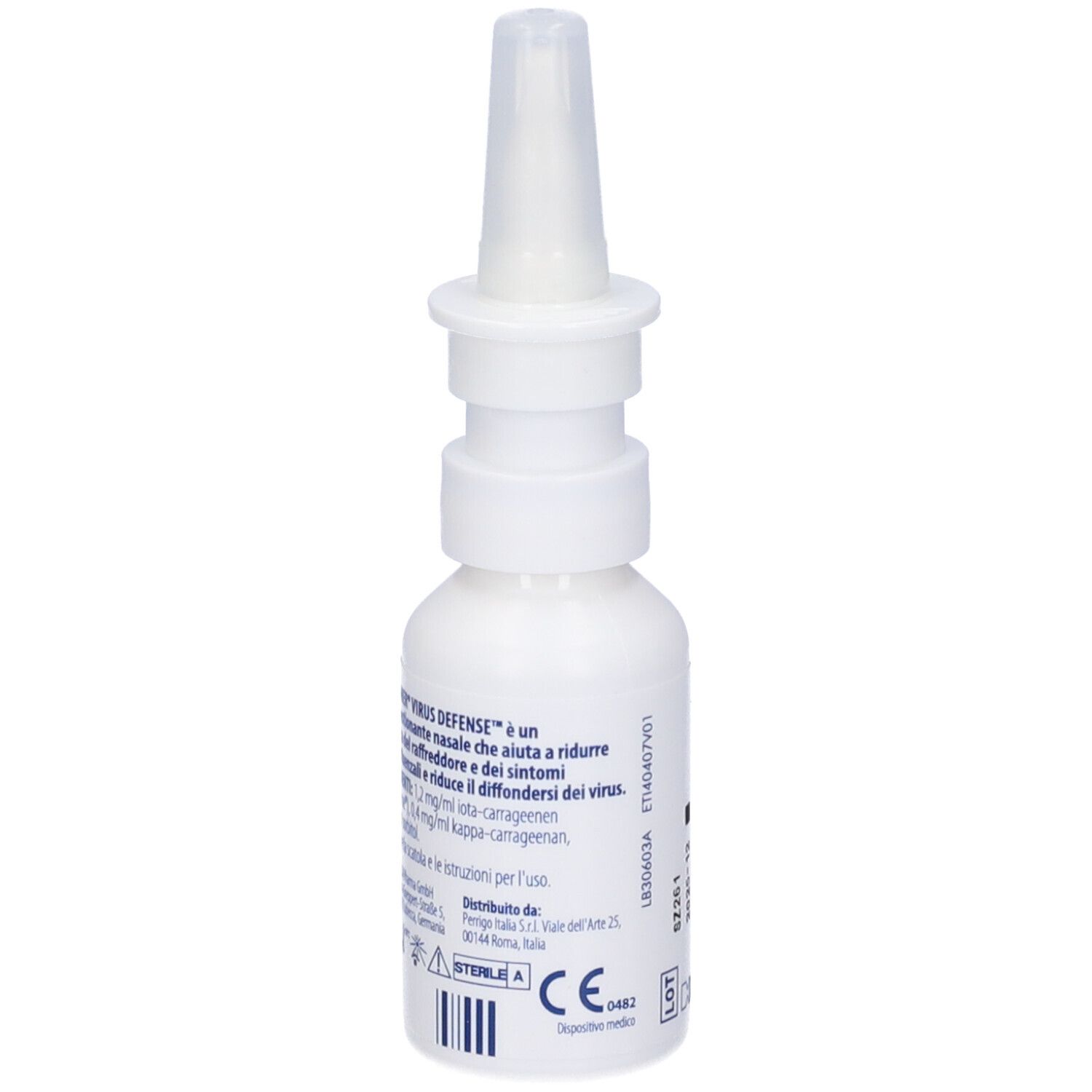 Flacone bianco con applicatore spray nasale. Scritta: PHYSIOMER VIRUS DEFENSE. Dettagli sul retro. Marchio CE.