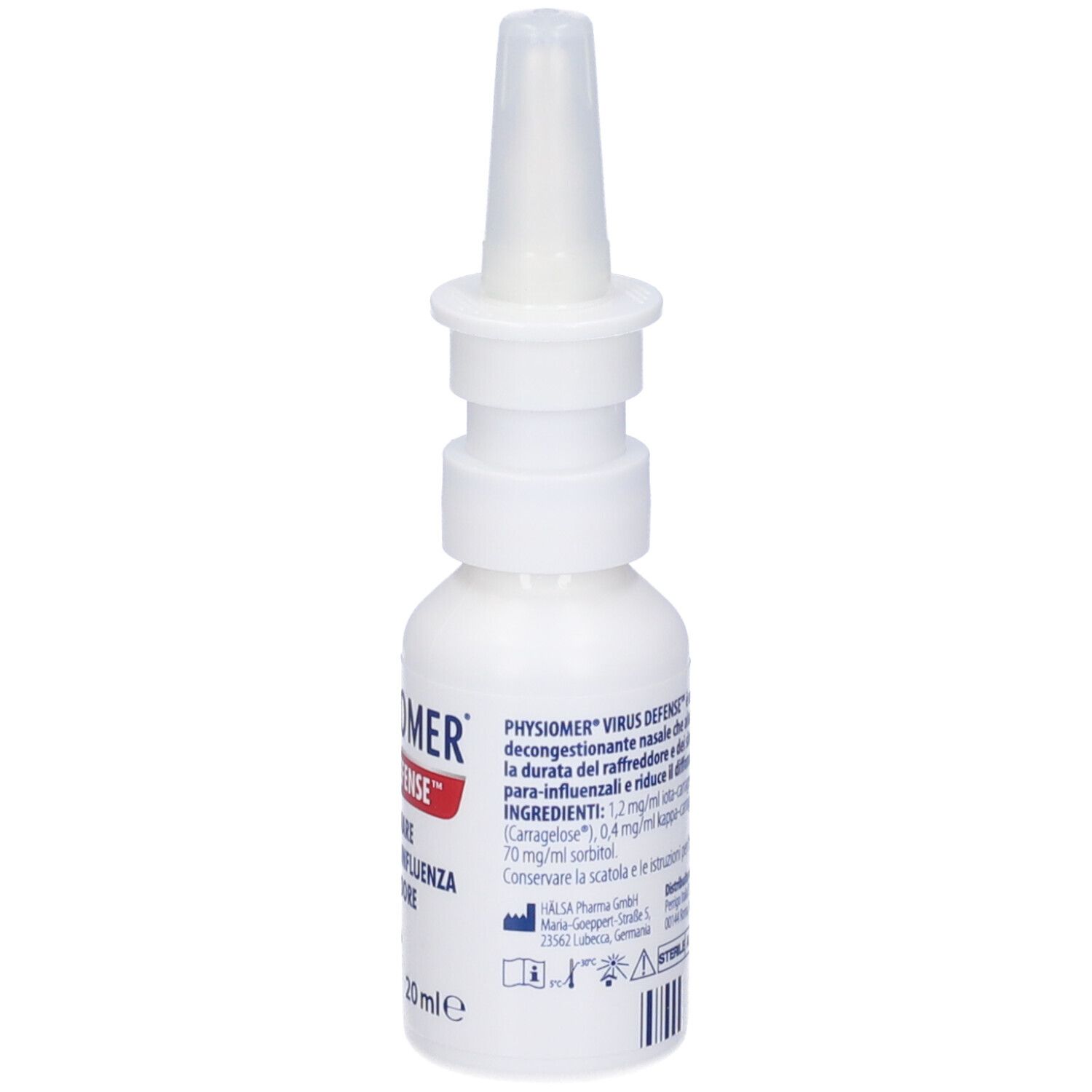 Flacone bianco con applicatore spray nasale. Scritta: PHYSIOMER VIRUS DEFENSE. Ingredienti e dettagli sul retro. Marchio CE.