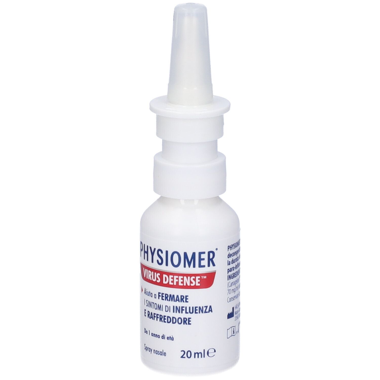 Flacone bianco con applicatore spray nasale. Scritta: PHYSIOMER VIRUS DEFENSE. Aiuta a fermare i sintomi di influenza e raffreddore. 20 ml.