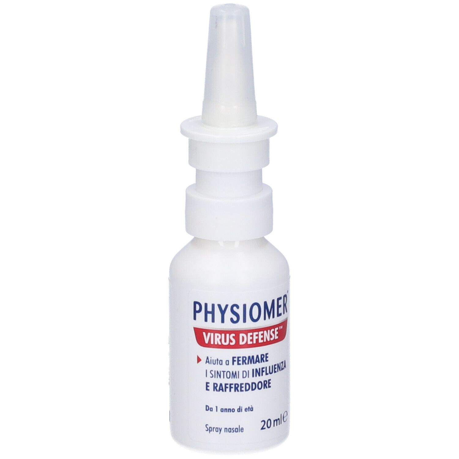 Flacone bianco con applicatore spray nasale. Scritta: PHYSIOMER VIRUS DEFENSE. Aiuta a fermare i sintomi di influenza e raffreddore. 20 ml.