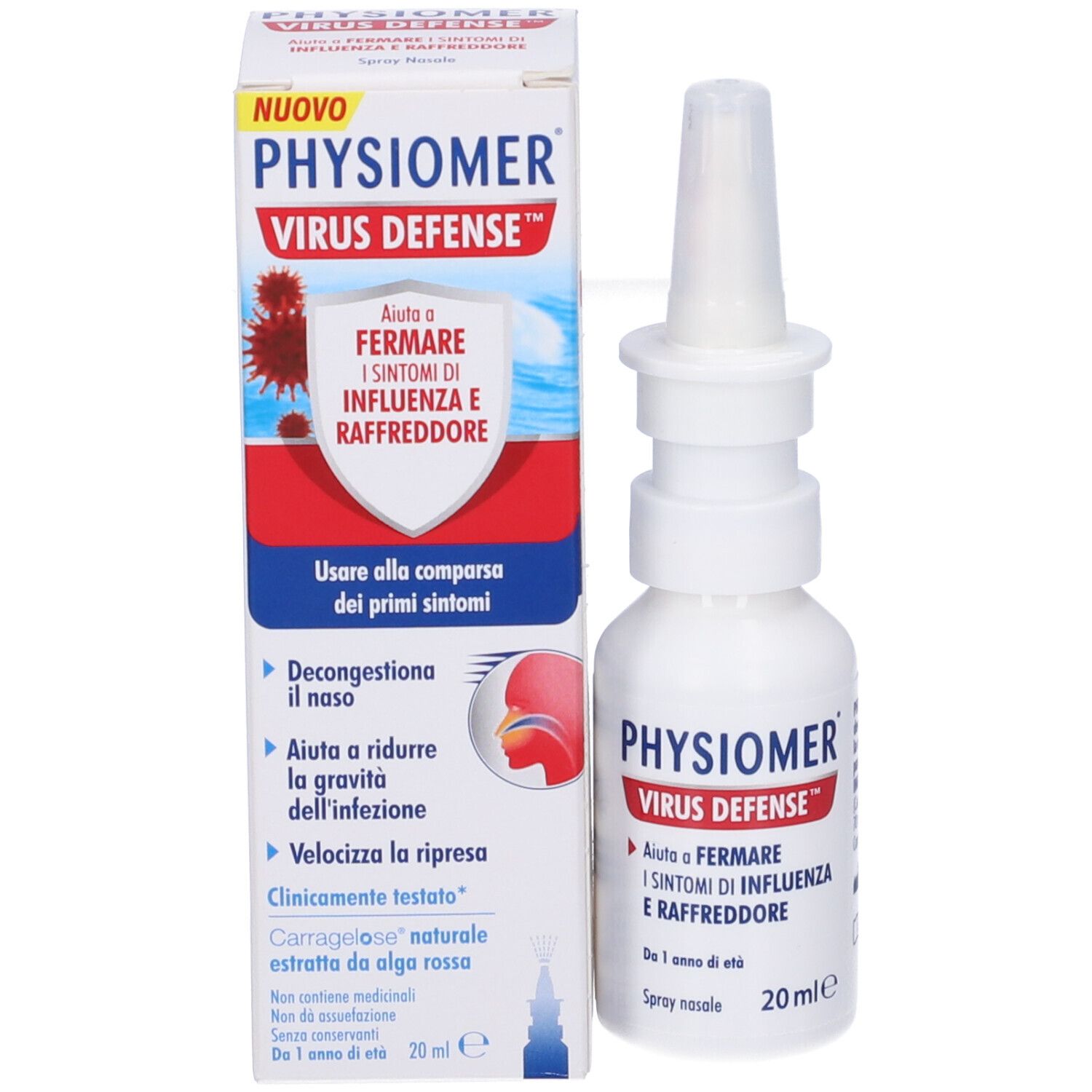 Confezione e flacone. Scritta: PHYSIOMER VIRUS DEFENSE. Aiuta a fermare i sintomi di influenza e raffreddore. 20 ml. Scatola con illustrazioni.