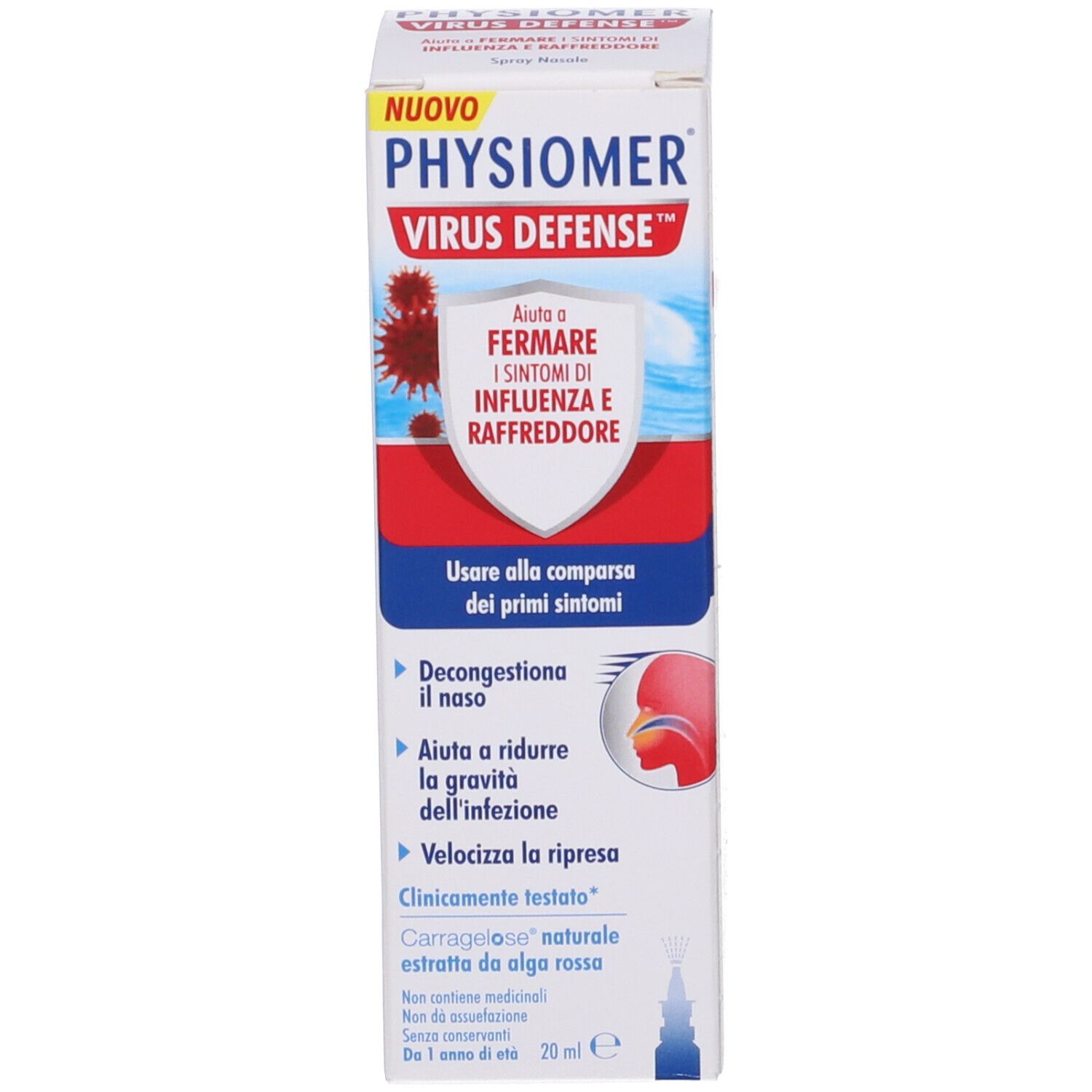 Confezione e flacone. Scritta: PHYSIOMER VIRUS DEFENSE. Aiuta a fermare i sintomi di influenza e raffreddore. 20 ml. Scatola con illustrazioni.