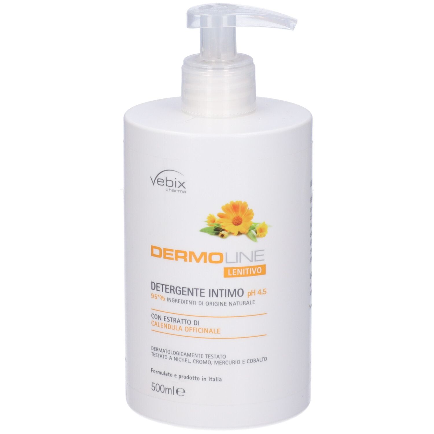Flacone bianco con dosatore. Scritta: Dermoline, Detergente Intimo, pH 4.5. Con estratto di calendula. 500ml.