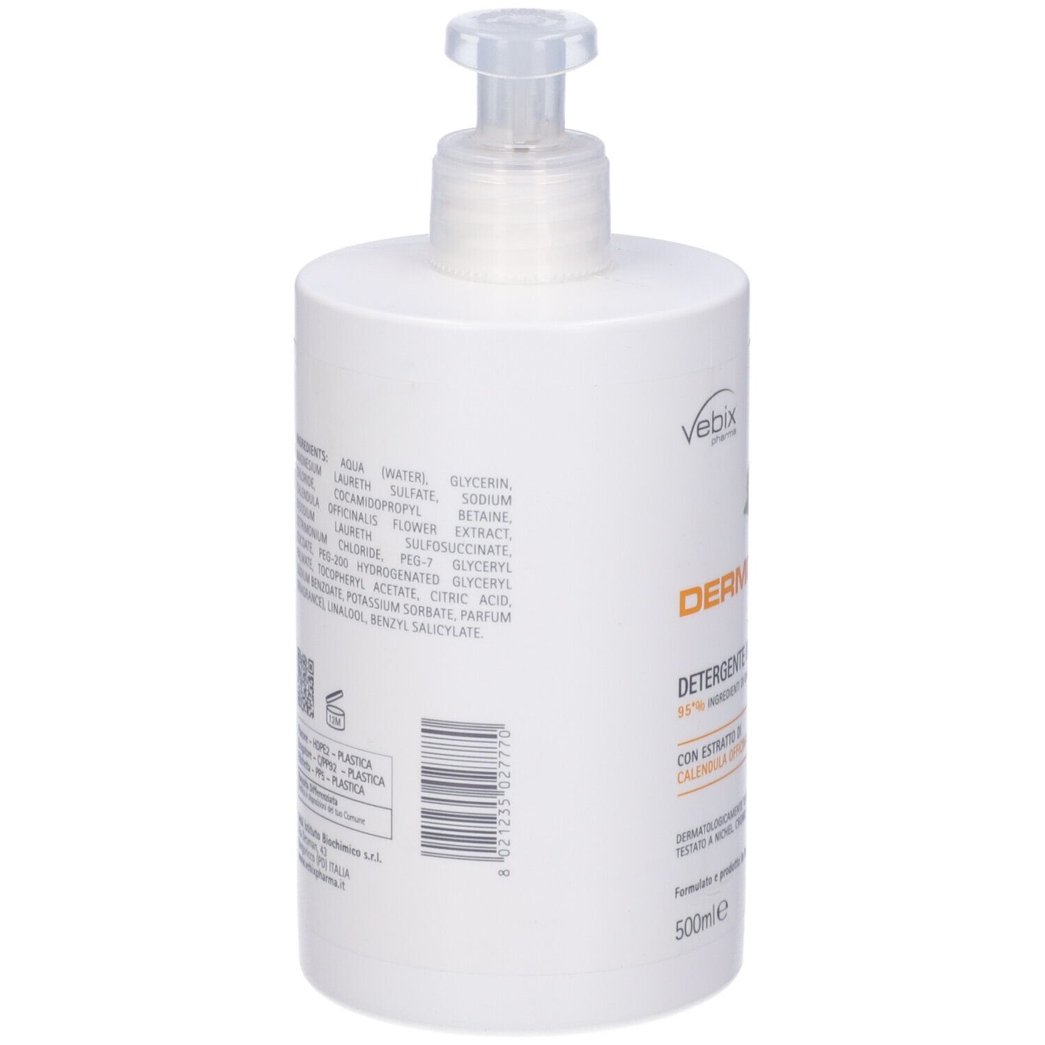 Flacone bianco con dosatore. Sul lato: ingredienti, codice a barre. Testo in italiano. 500ml.