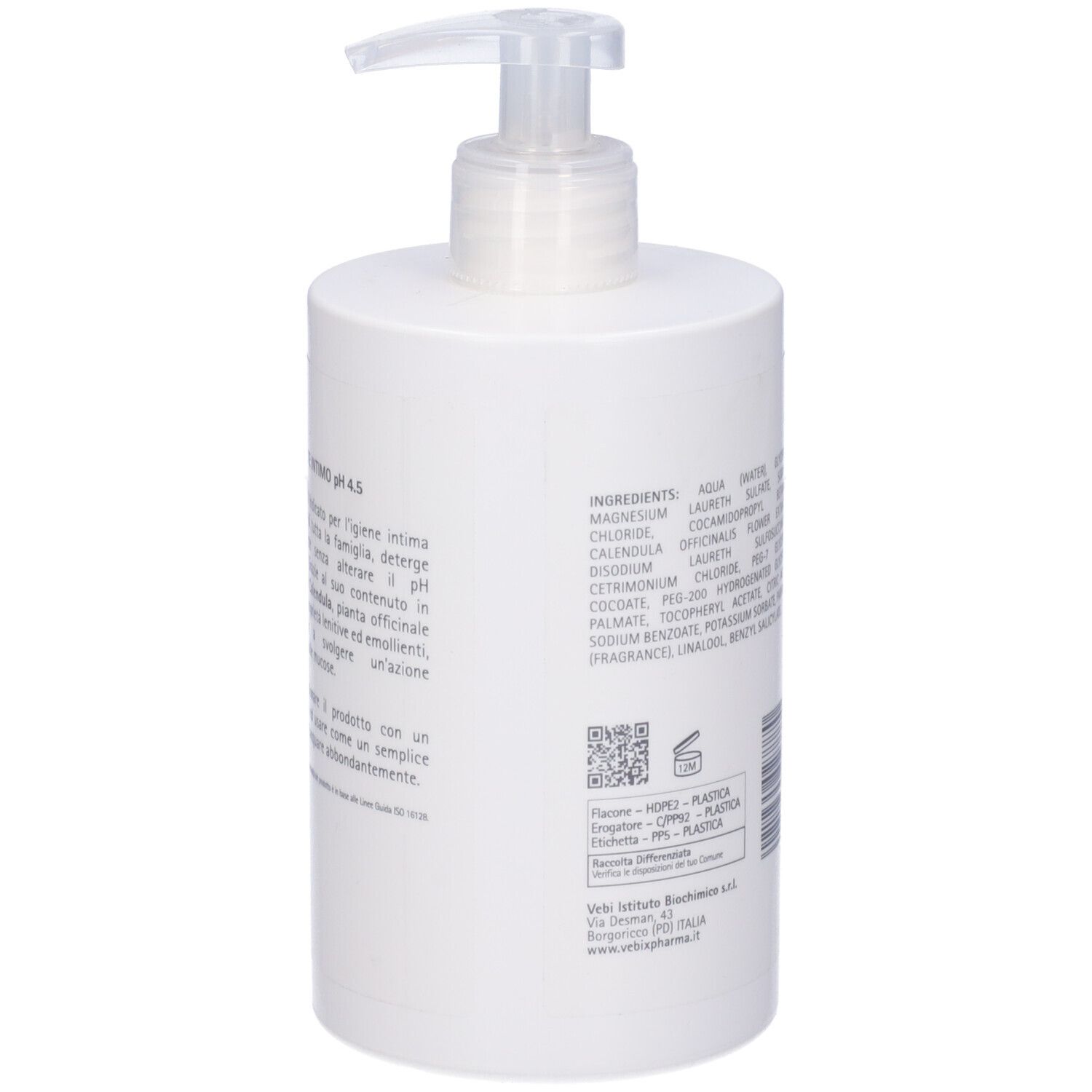 Flacone bianco con dosatore. Sul retro: ingredienti, testo in italiano. 500ml.