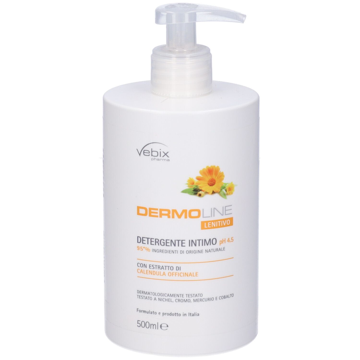 Flacone bianco con dosatore. Scritta: Dermoline, Detergente Intimo, pH 4.5. Con estratto di calendula. 500ml.