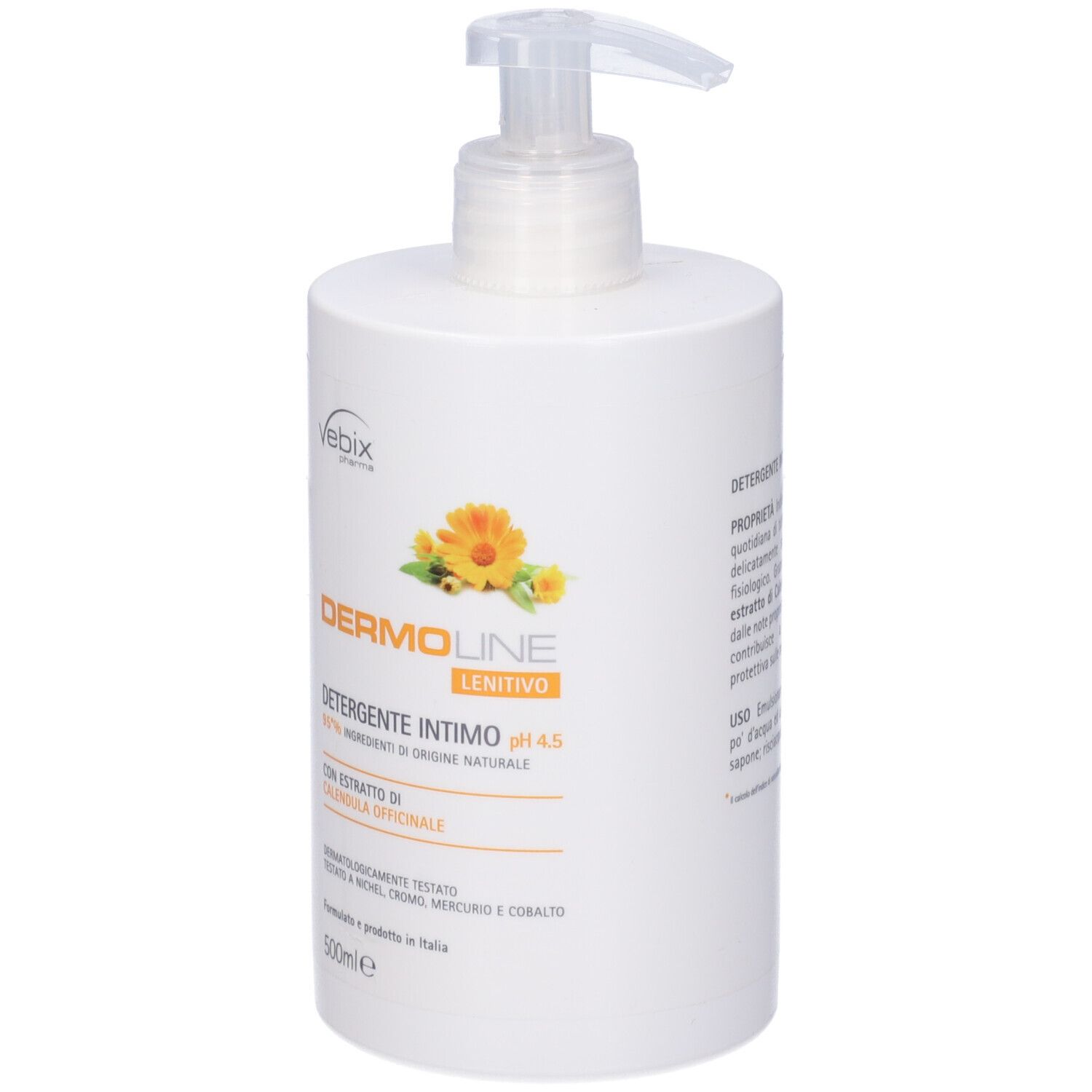 Flacone bianco con dosatore. Scritta: Dermoline, Detergente Intimo, pH 4.5. Con estratto di calendula. 500ml.