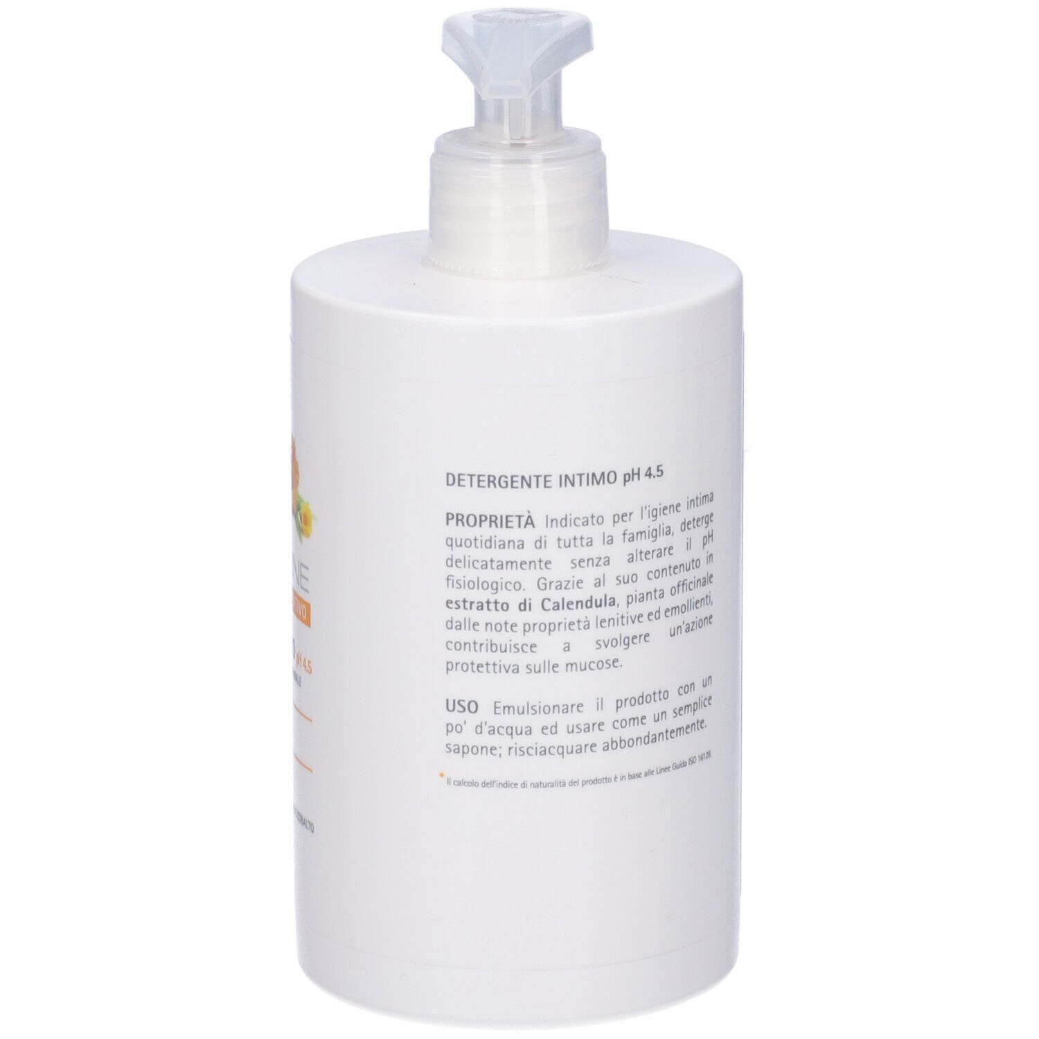 Flacone bianco con dosatore. Retro: testo in italiano. 500ml.