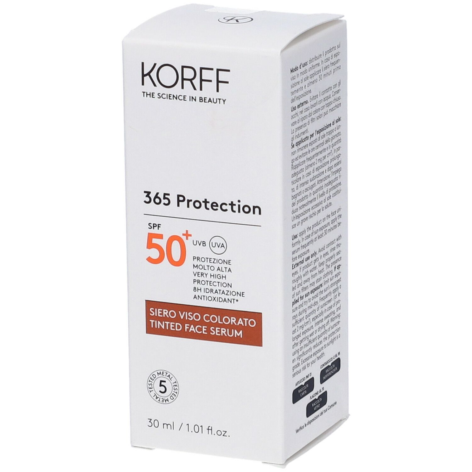 Scatola bianca Korff 365 Protection Siero Viso Colorato. SPF 50+. Testo marrone e informazioni prodotto.