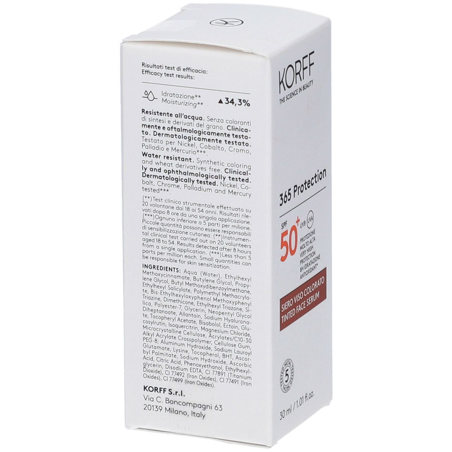 Scatola bianca Korff 365 Protection Siero Viso Colorato. Retro con ingredienti e testo.