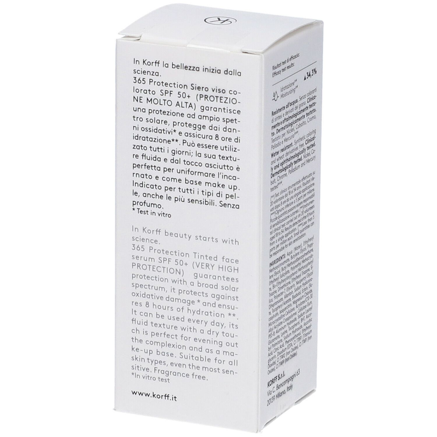 Scatola bianca Korff 365 Protection Siero Viso Colorato. Testo in italiano e inglese. Informazioni prodotto.