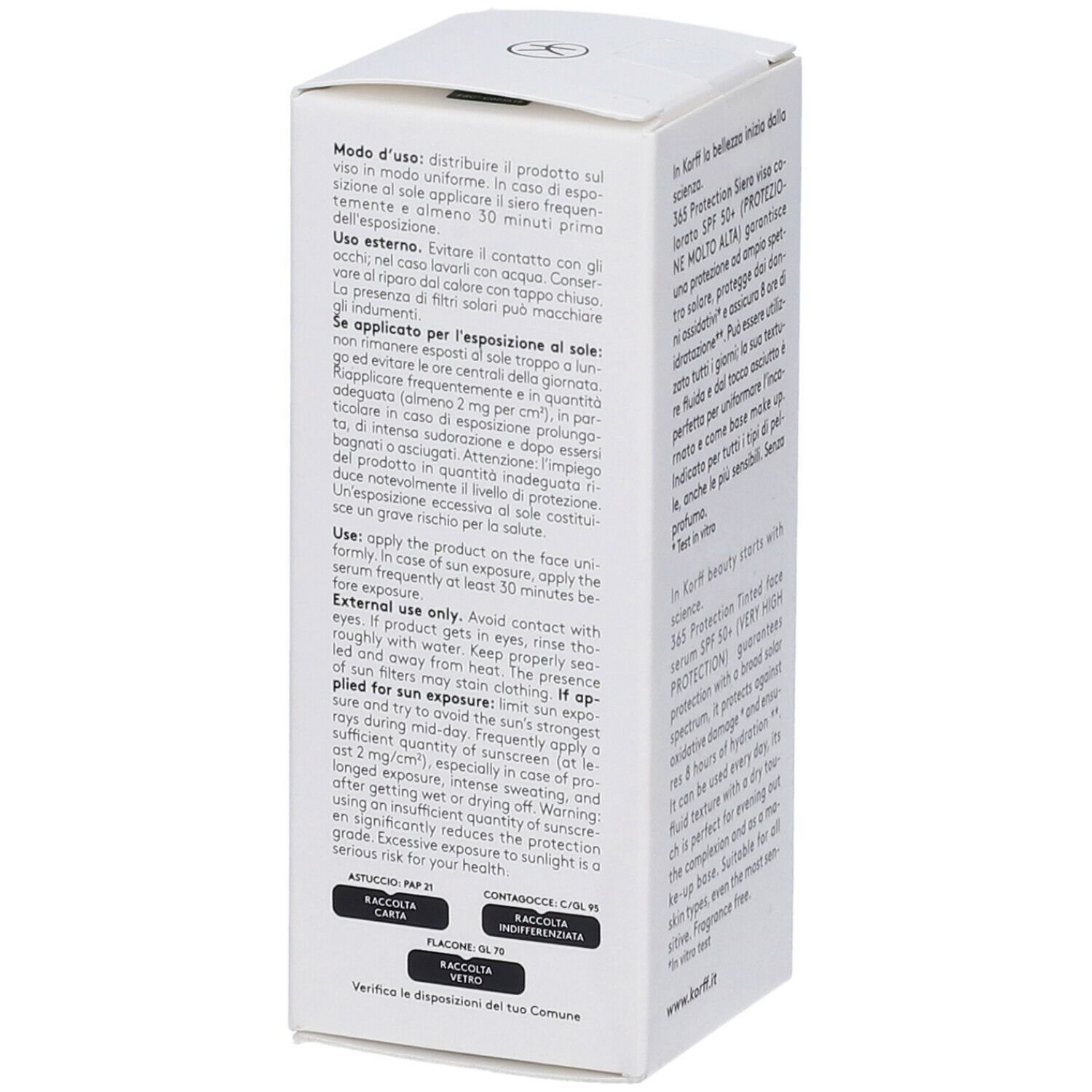 Scatola bianca Korff 365 Protection Siero Viso Colorato. Testo in italiano. Istruzioni per l'uso.