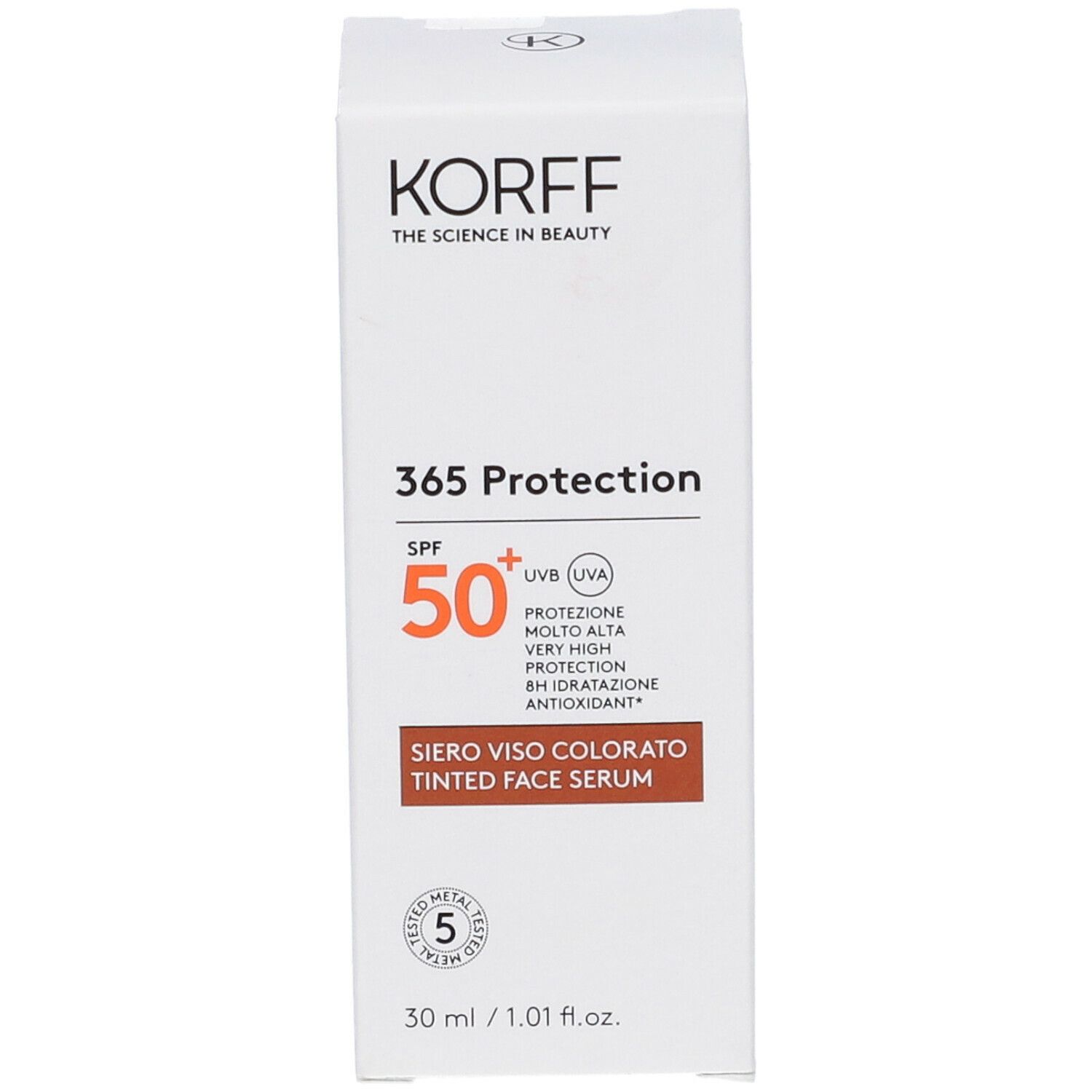Scatola bianca Korff 365 Protection Siero Viso Colorato. SPF 50+. Testo marrone. Informazioni prodotto.