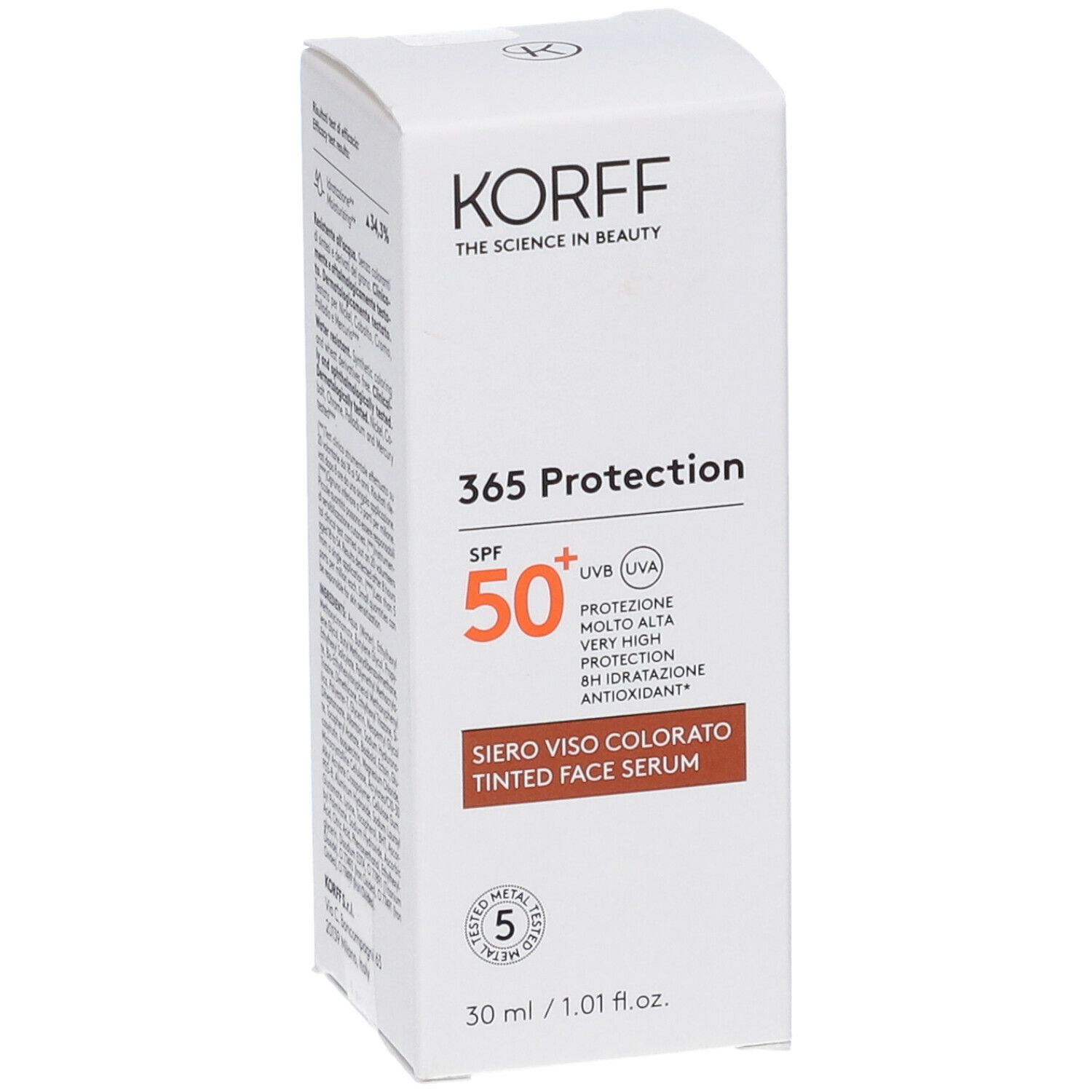 Scatola bianca Korff 365 Protection Siero Viso Colorato. SPF 50+. Testo marrone. Informazioni prodotto.