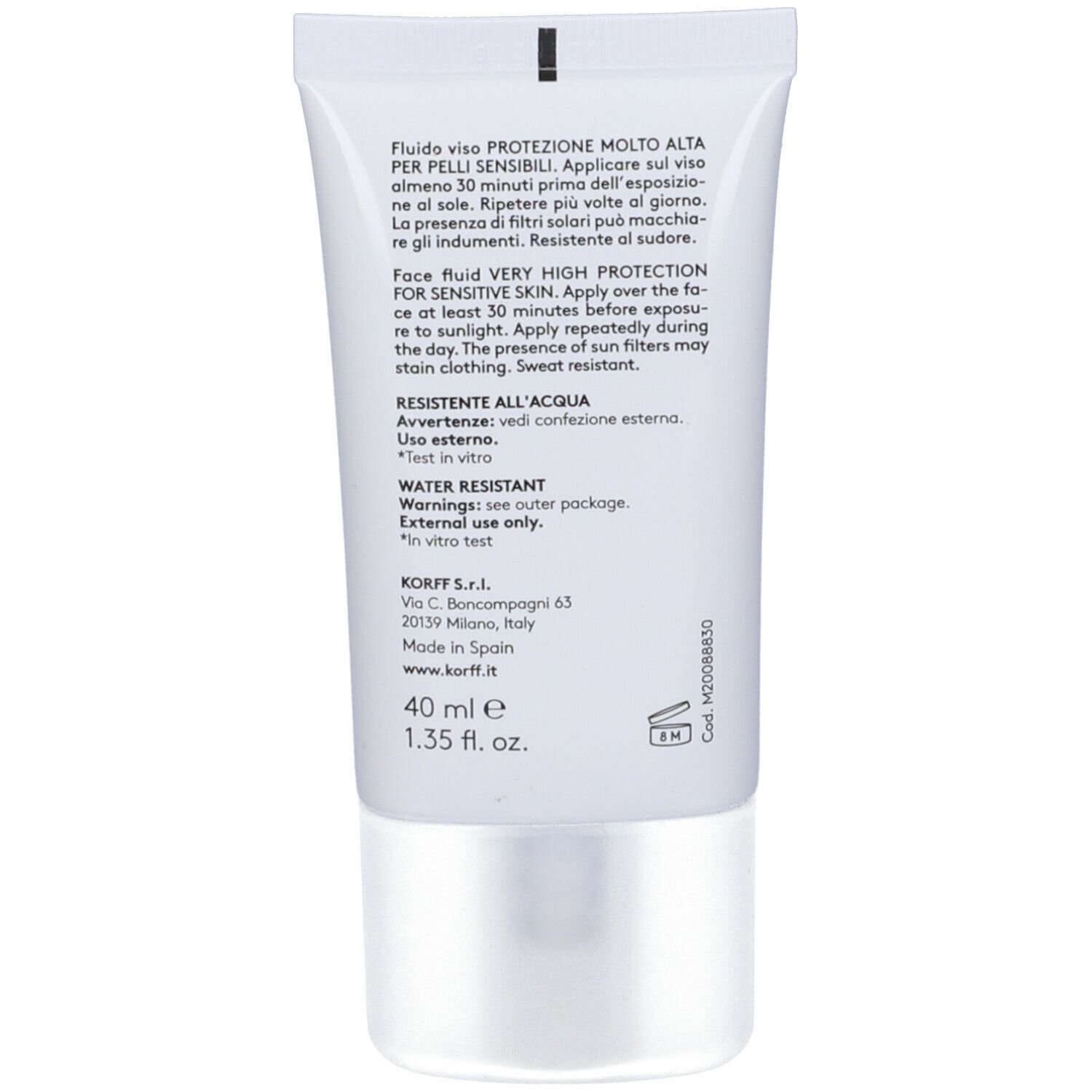 Retro del tubo Korff Sun Repair Fluido Viso Lenitivo Spf 50+. Testo con informazioni prodotto.