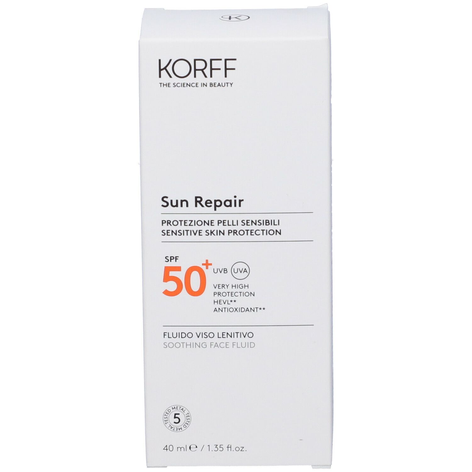 Confezione Korff Sun Repair Fluido Viso Lenitivo Spf 50+. Bianca, con informazioni e SPF 50+.